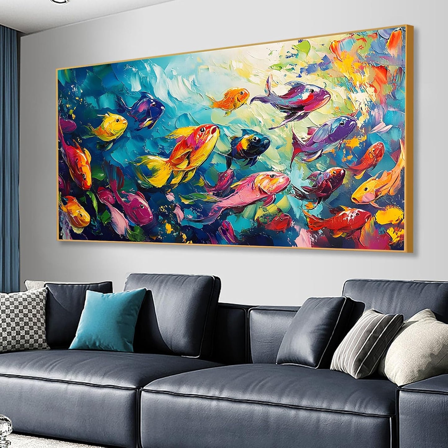 School of Fish Printed Canvas Wall Art – Framed Abstract Ocean Print – Vibrant Fish Wall Decor for Living Room, Bedroom, Office (Black Framed, 31"x15"|80x40cm)