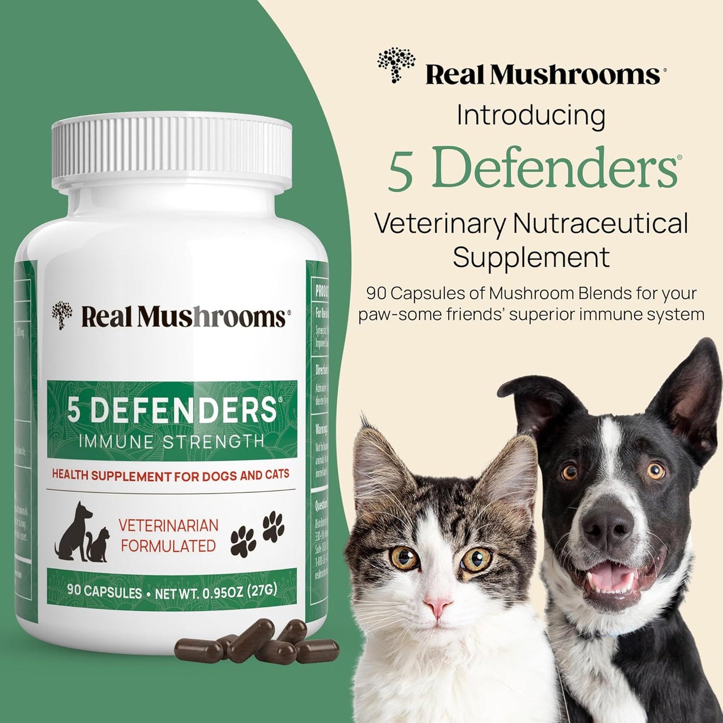5 Defenders Mushroom Supplement for Cats & Dogs – Chaga, Shiitake, Reishi, Turkey Tail, Maitake – Cat Multivitamin & Dog Supplement for Wellness Support– 90 ct Real Mushrooms Powder Capsules