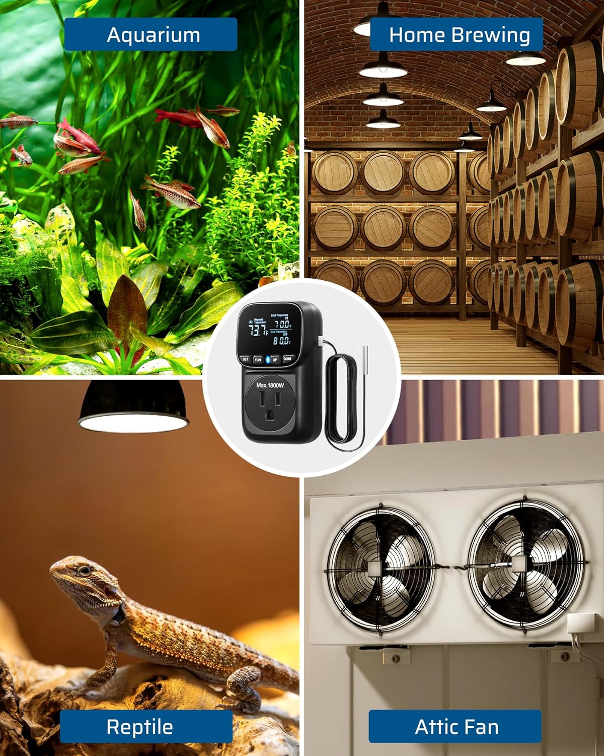 DEWENWILS Digital Temperature Controller, Heavy Duty 15A/1800W Thermostat Outlet Plug, VA Display Heating Cooling Control Timer, -40℉~210℉, Cyclic Timing/Countdown, for Greenhouse Incubator, Black