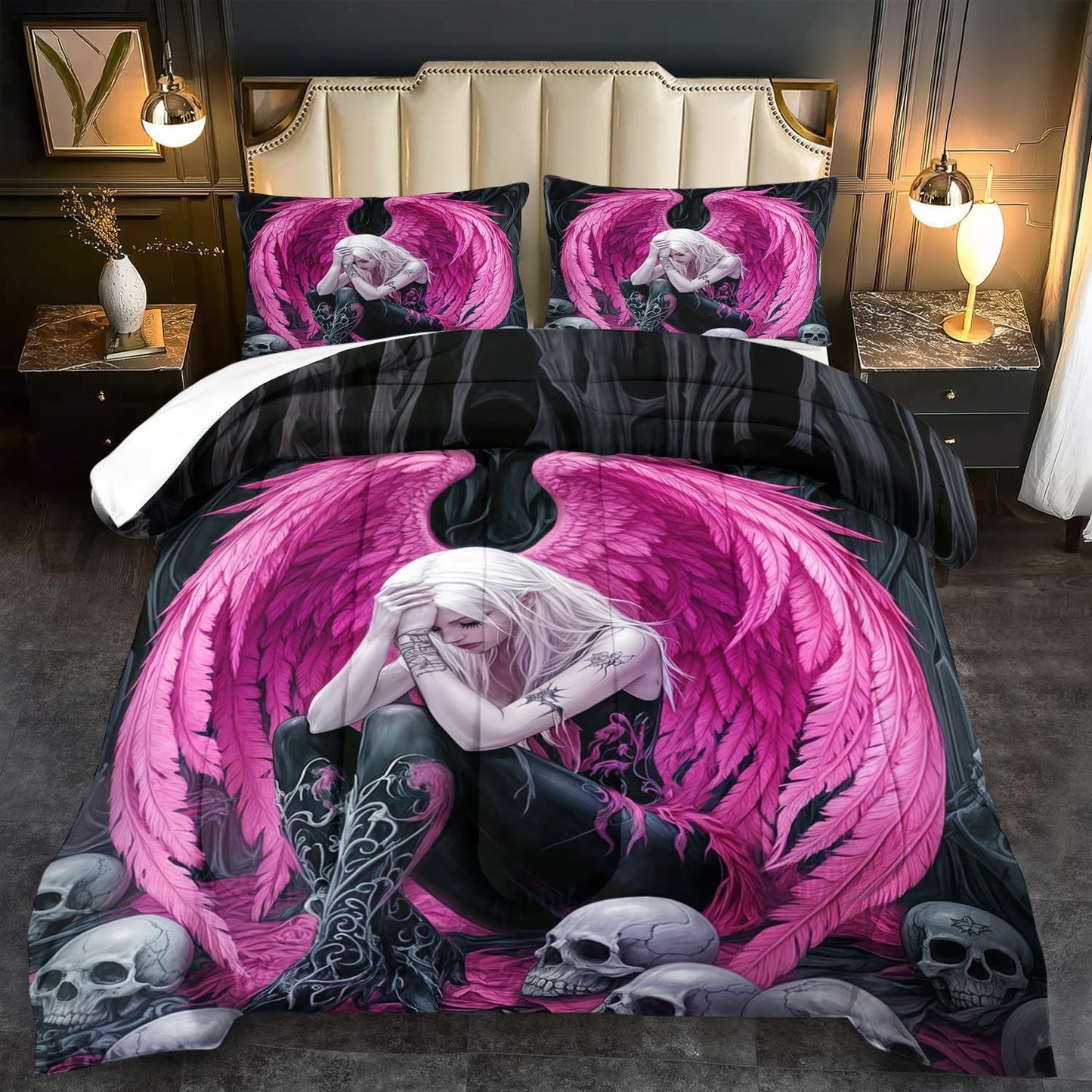 Gothic Skull Comforter Set Twin for Adults,Angel Wings Bedding Set Pink for Girls,Sexy Angel Comforter Bedroom Decor Teen,Gothic Skull Bedding Decor Pink Wings Quilt
