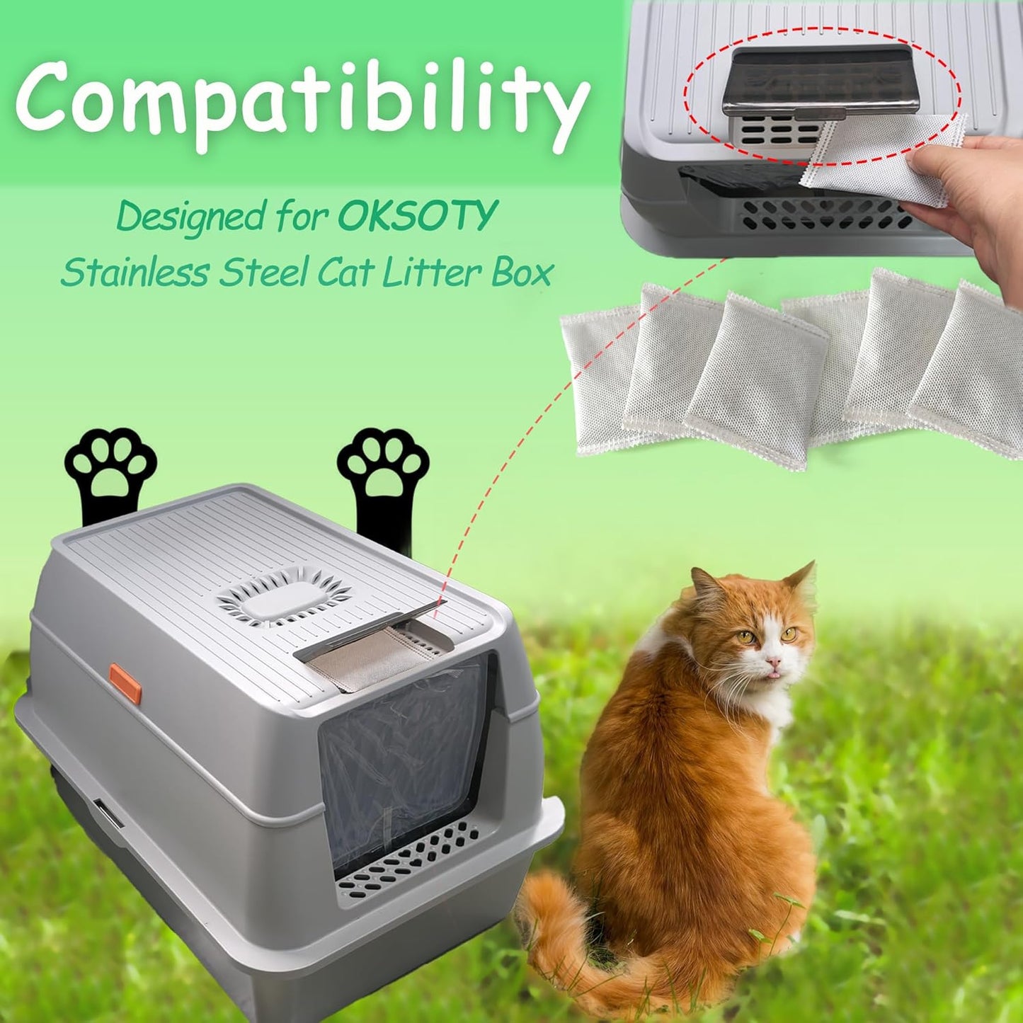 Activated Charcoal Odor Absorber Bags Compatible with OKSOTY Stainless Steel Cat Litter Box, Natural Coconut shell Charcoal Bags, Absorb Odors/Control Damp from Pets/Keep Home Fresh(6PCS)