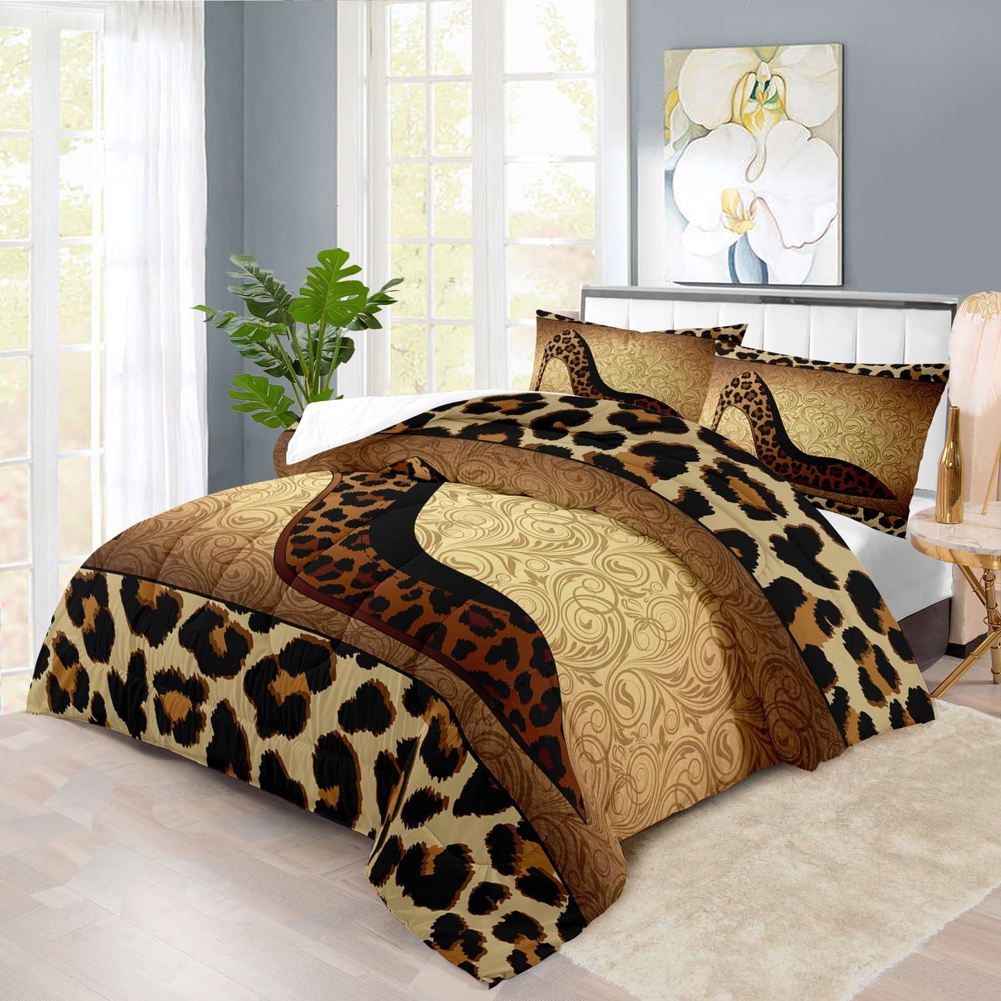 Leopard Comforter Set Twin Girls,Sexy High Heel Comforter for Women,Leopard Print Bedding Set Twin Adult,High Heel Quilt Bedroom Decor,African Animal Print Bedding Quilt