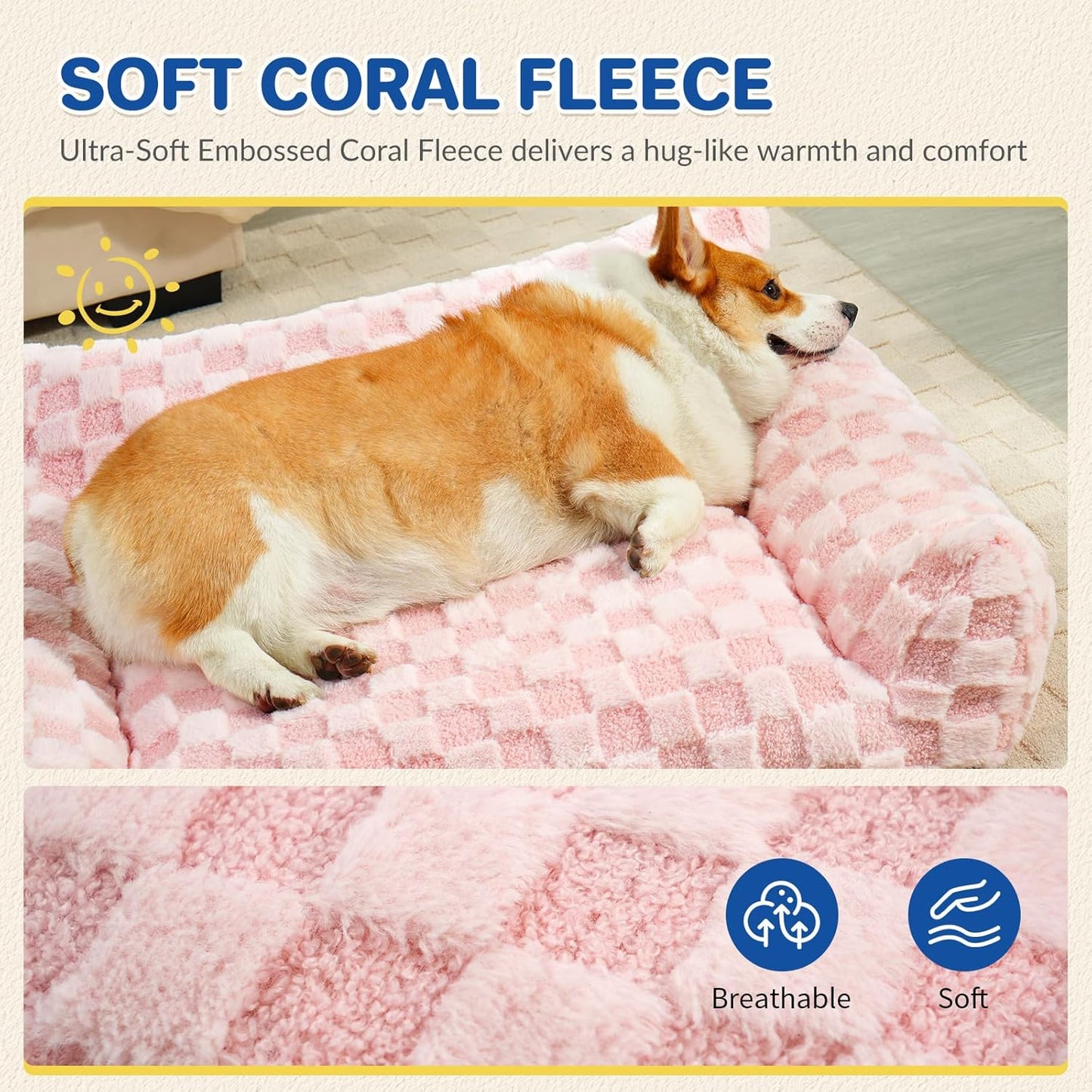 Cat Bed Cat Couch for Puppy and Kitten, Fluffy Dog Bed Medium Dogs Couch, Supportive Cats Sofa for Indoor Cats, Washable Cover & Non-Slip, 32 inch, Pink