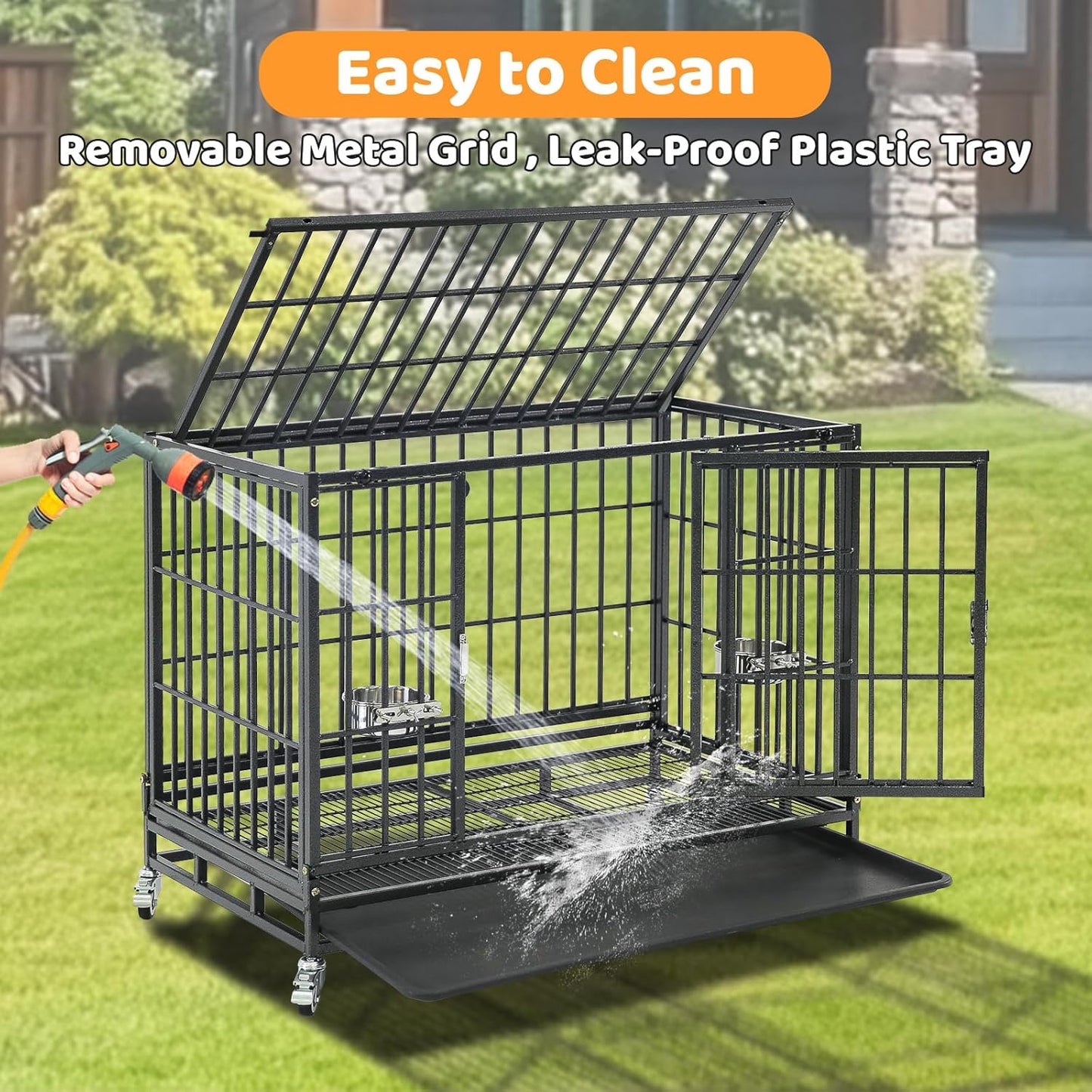 Homey Pet 37 Inch Heavy Duty Dog Crate Indestructible, Collapsible Dog Cage with Lockable Wheels, Removable Tray, High Anxiety Dog Kennel Indoor, Two Tiers Stackable Dog Crates for Medium Dogs