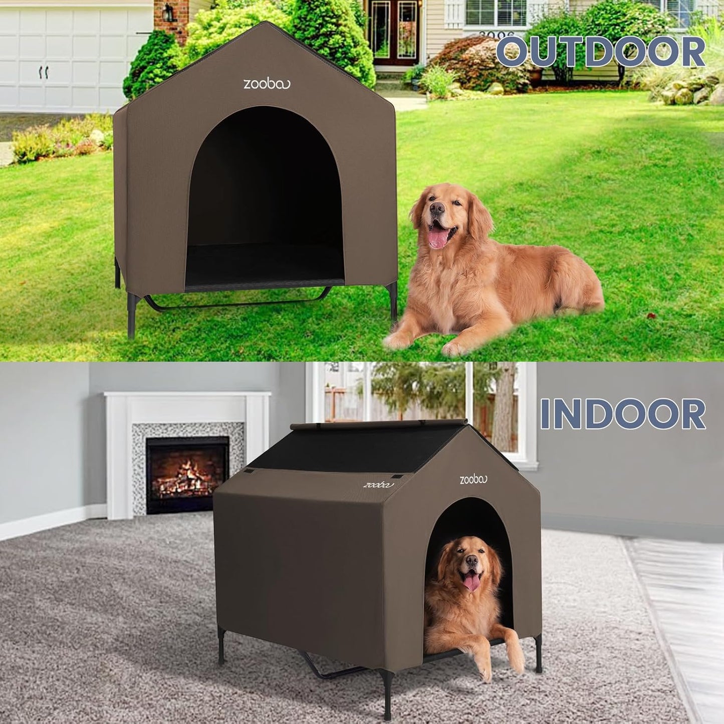 42" 2-in-1 Dog House for Medium Dogs, Elevted Dog House Outdoor/Indoor, Puppy Shelter Outside,Water Resistant 600D PVC and Durable 2x1 Textilene Raised Dog Bed(Brown)
