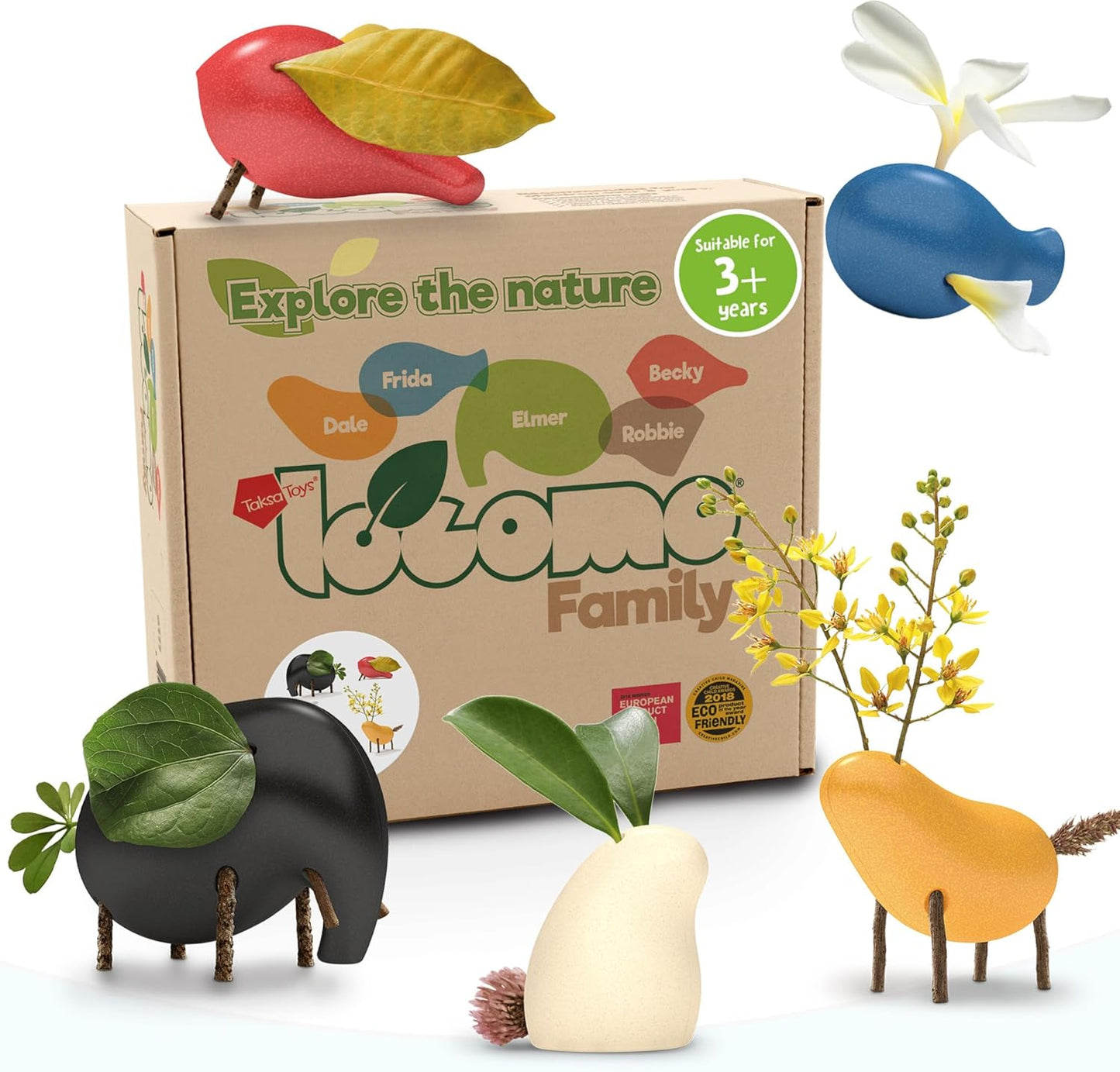Taksa Toys Locomo Family 1 Open-Ended Waldorf Educational Outdoor Play Figures, Wooden Animal Montessori Toys for Kids 3 4 5 6 7+ for Childs Learning & Creativity Year Old, Gifts (Set of 5)