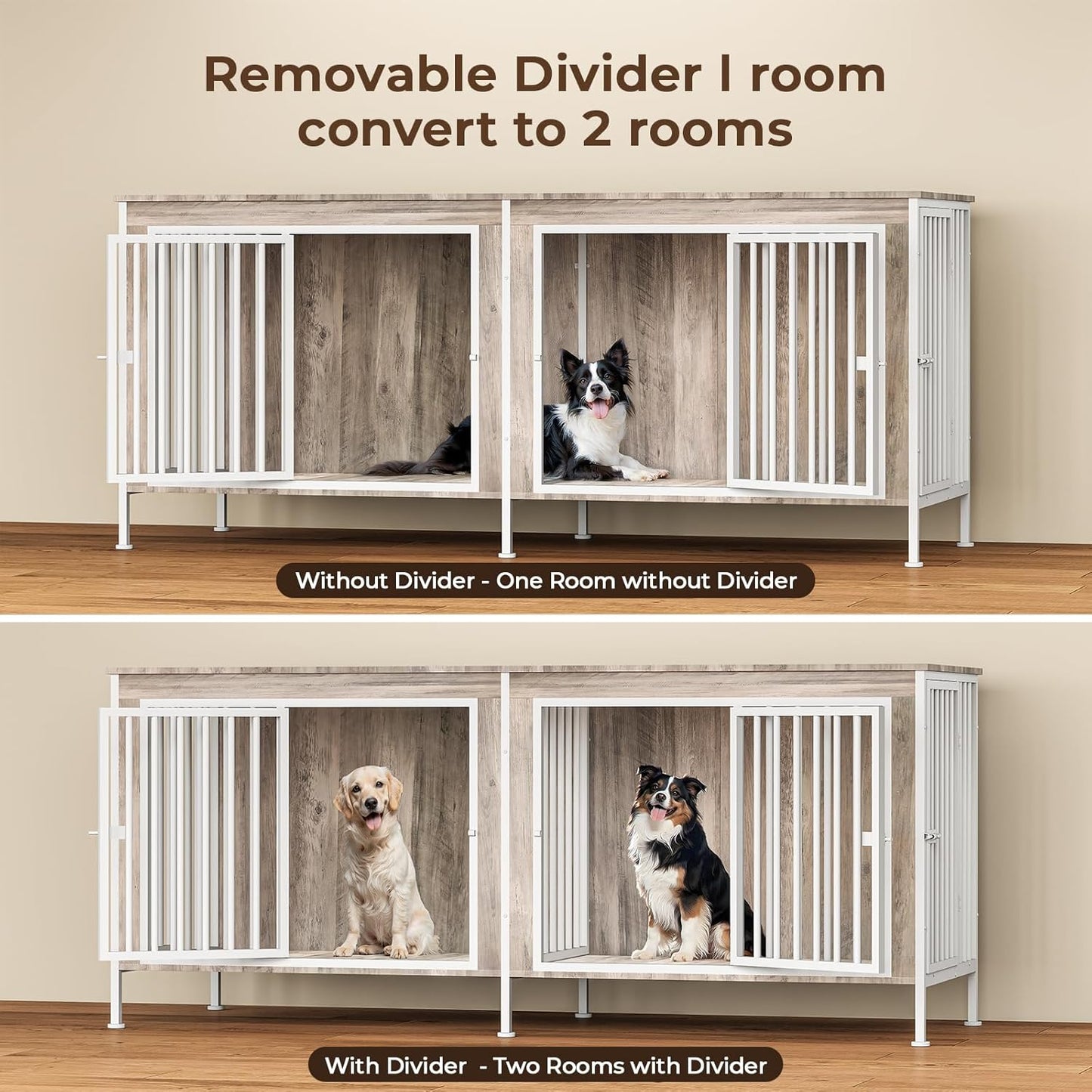 78 Inch Dog Cage Furniture for 2 Large/Medium Dogs with Removable Divider, Extra Large Double Doors Dog Kennel, XXL Thick Wooden Dog cage Furniture, Durable and Sturdy, Beige