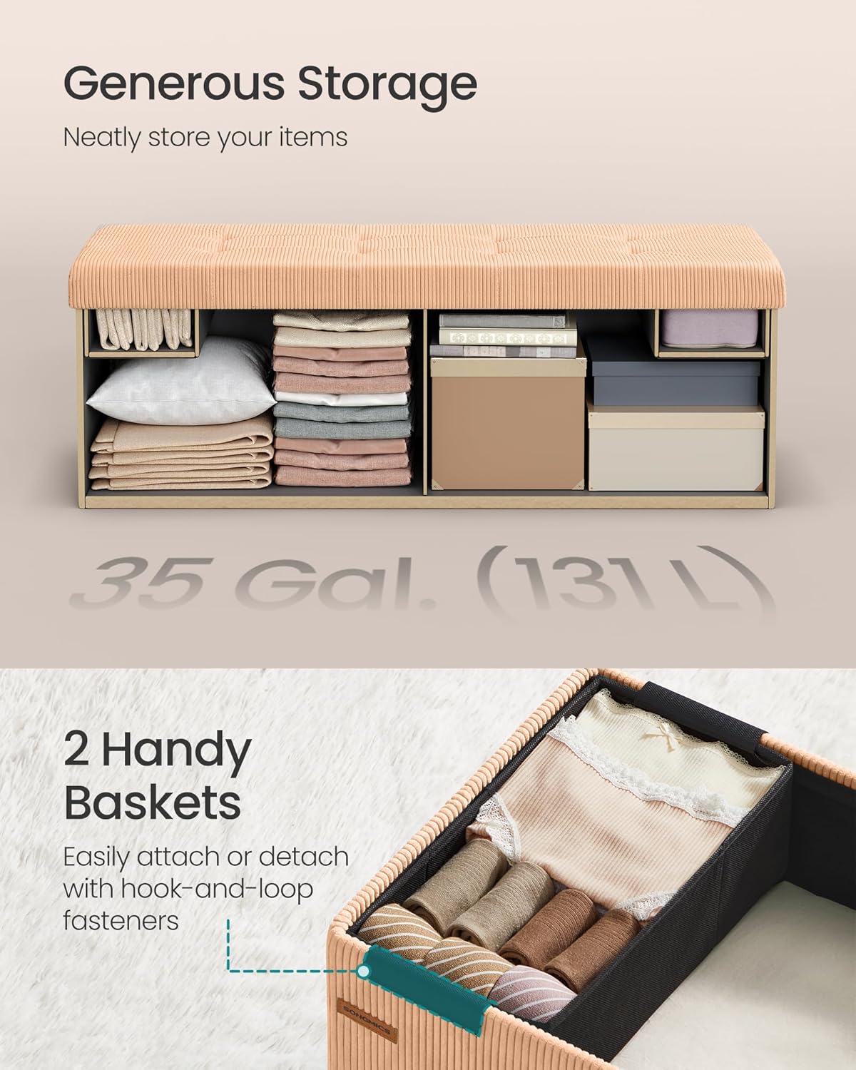 SONGMICS MAZIE Collection - Storage Ottoman Bench, Foldable Foot Rest, 15 x 43 x 15 Inches, End of Bed Bench, Storage Chest, Load 660 lb, Living Room, Bedroom, Entryway, Apricot ULSF604O01