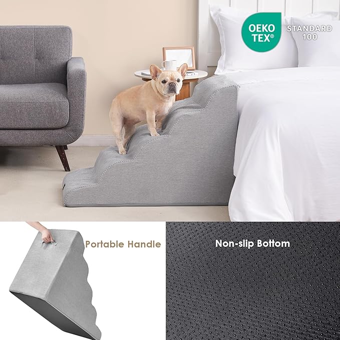 EHEYCIGA Curved Dog Stairs Ramp for High Beds, 5-Step Extra Wide Dog Steps for Small Dogs and Cats, Pet Stairs for High Bed Climbing, Non-Slip Balanced Pet Step Indoor, Light Grey