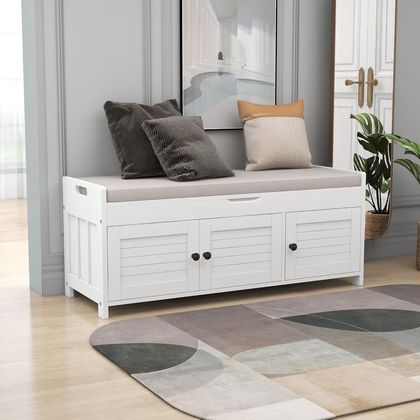 Storage Bench with 3 Shutter-Shaped Doors, Pine Wood Shoe Bench with Removable Cushion and Hidden Storage Space for Living Room, Entryway 43.5" L x 16" W x 18" H (White)