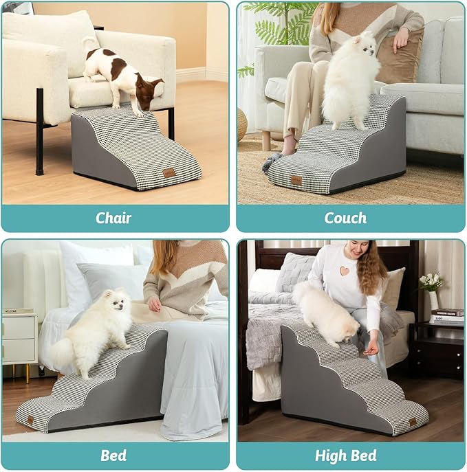 Dog Stairs for Small Dogs 15.7" H, Curved Dog Step for Puppy, Older Cat, Medium Pet Ramp for Sofa, Couch or Chair, Ladder with High Density Foam, 15.7x22.4x15.7 inch, 3 Step, White Black