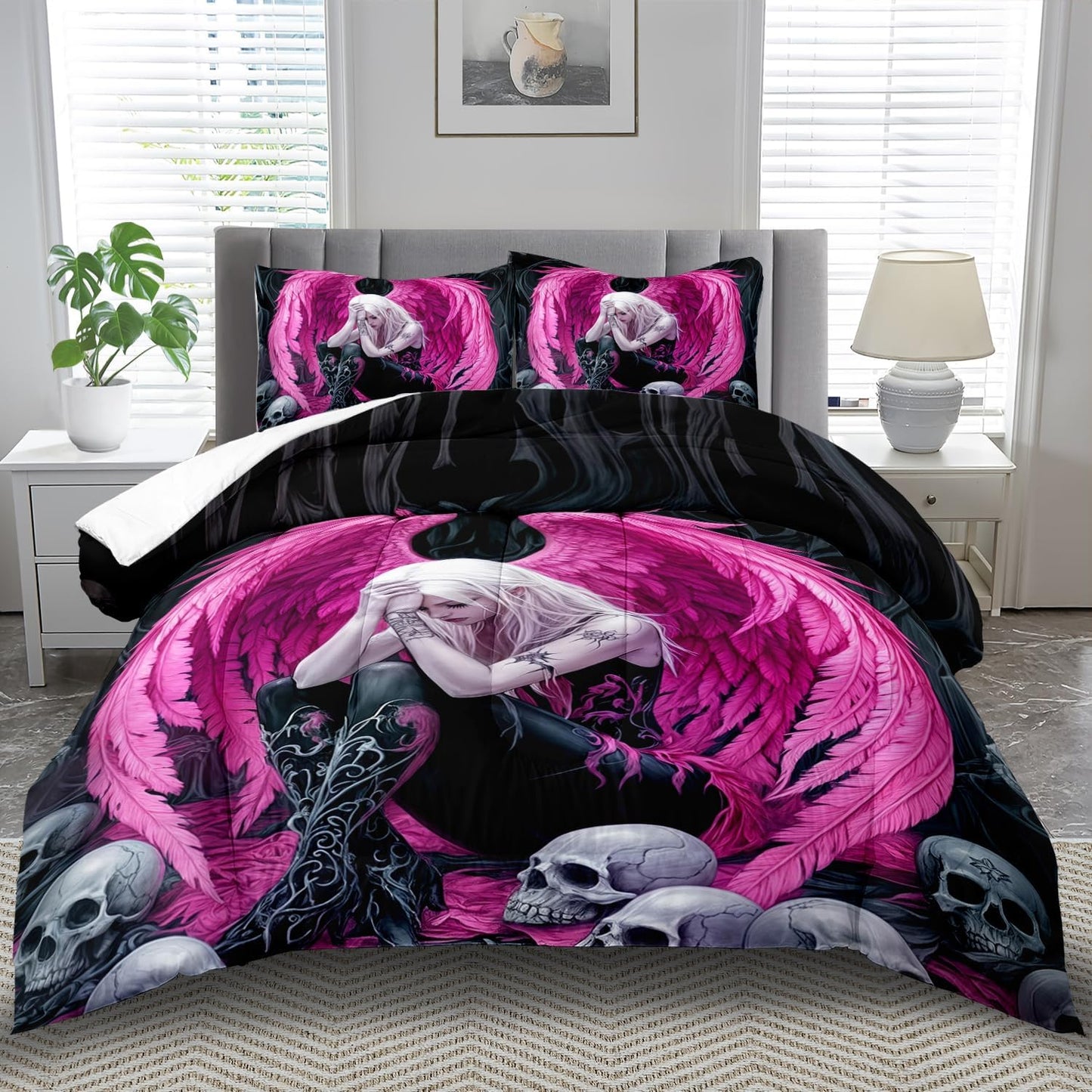 Gothic Skull Comforter Set King for Adults,Angel Wings Bedding Set Pink for Girls,Sexy Angel Comforter Bedroom Decor Teen,Gothic Skull Bedding Decor Pink Wings Quilt