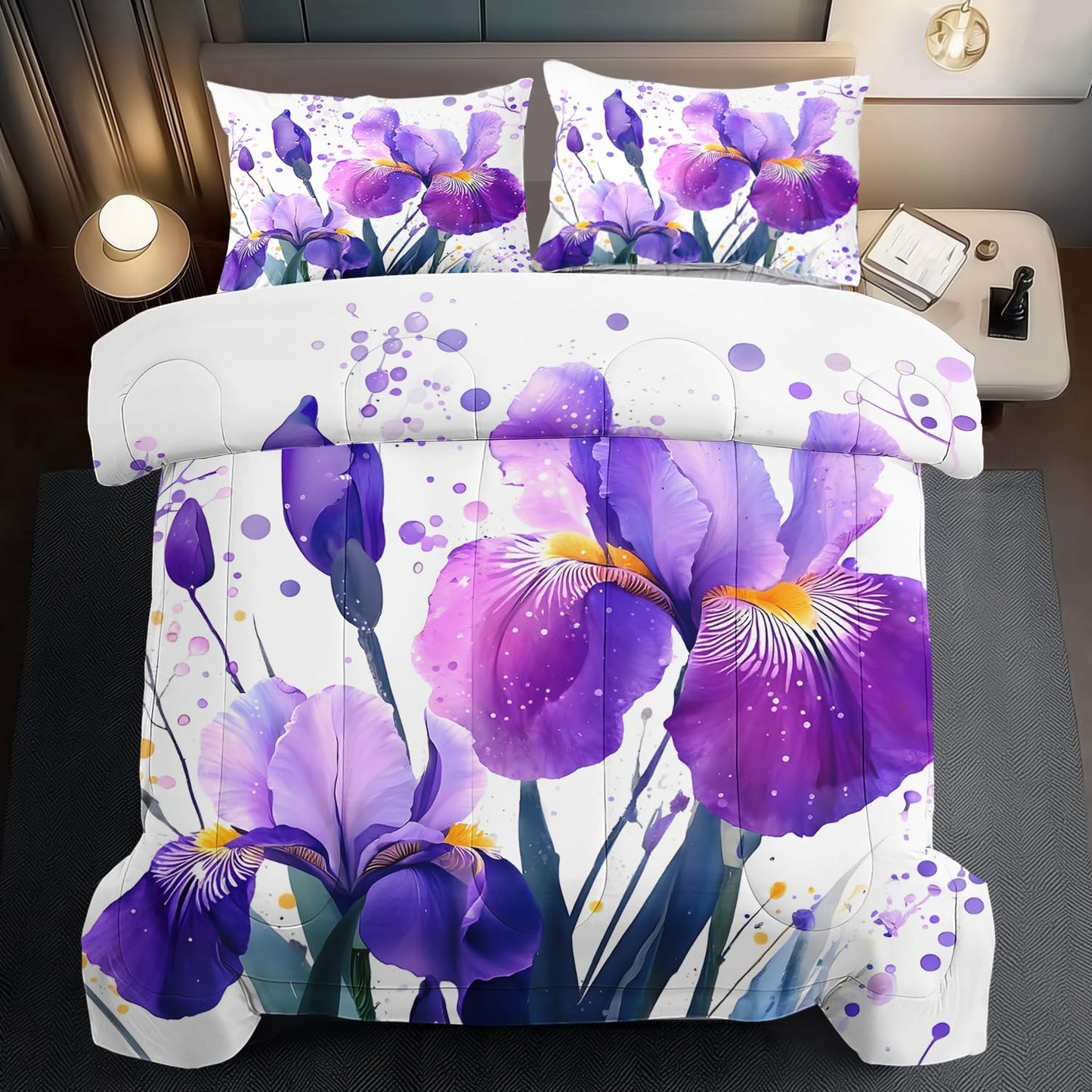 Purple Floral Comforter Set King Size Woman,Purple Iris Comforter for Girls,Pink Flower Bedding Set King Bedroom Decor,Floral Bedding Quilt Bed Decor Pink for Kids and Adults