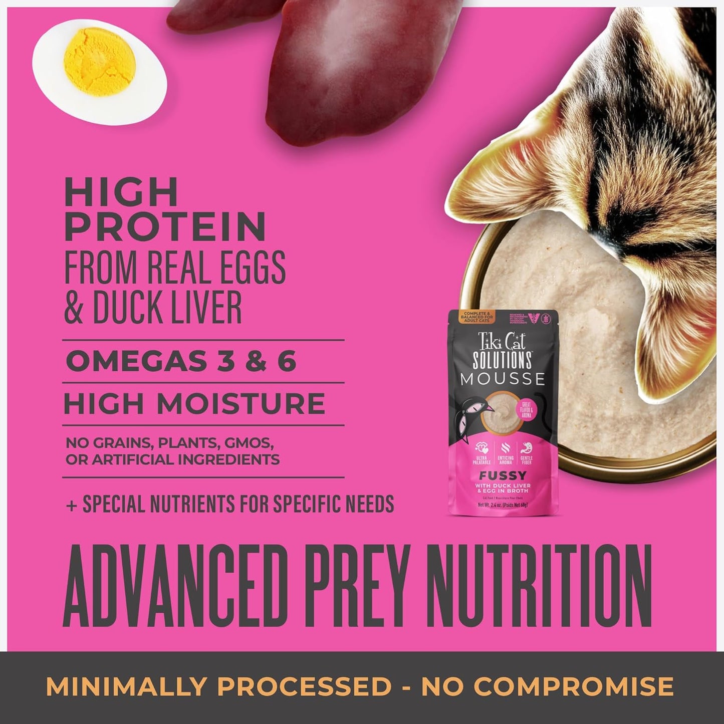 Tiki Cat Solutions Fussy Mousse, Duck Liver & Egg, Specially Formulated to Support Healthy Digestion, Functional Wet Cat for Adult Cats, 2.4 oz. Pouch (12 Count)