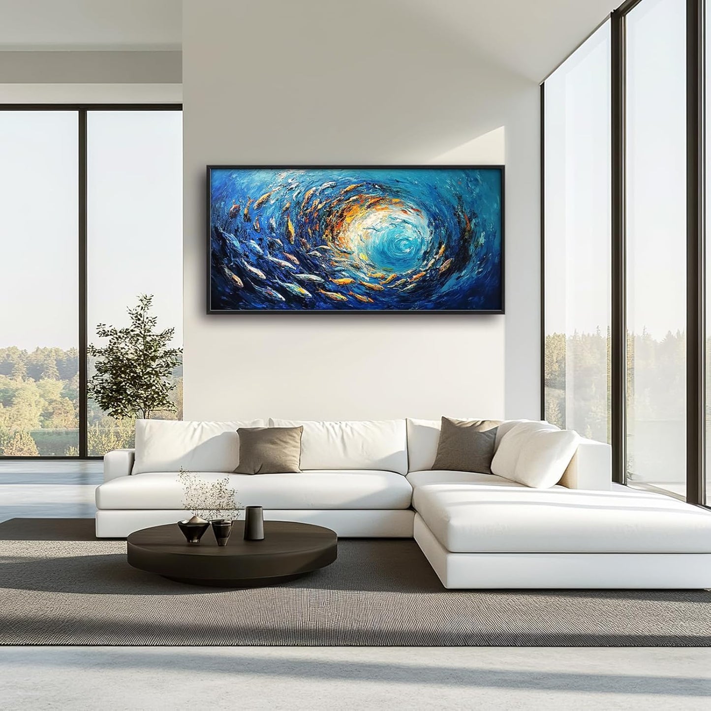 Extra Large Framed Abstract Ocean Fish Wall Art,Oversized Blue Sea Nautical Fish Wall Decor Pictures for Living Room,Canvas Print Painting Modern Artwork Bedroom Office Bathroom Home Decor 60L x30W