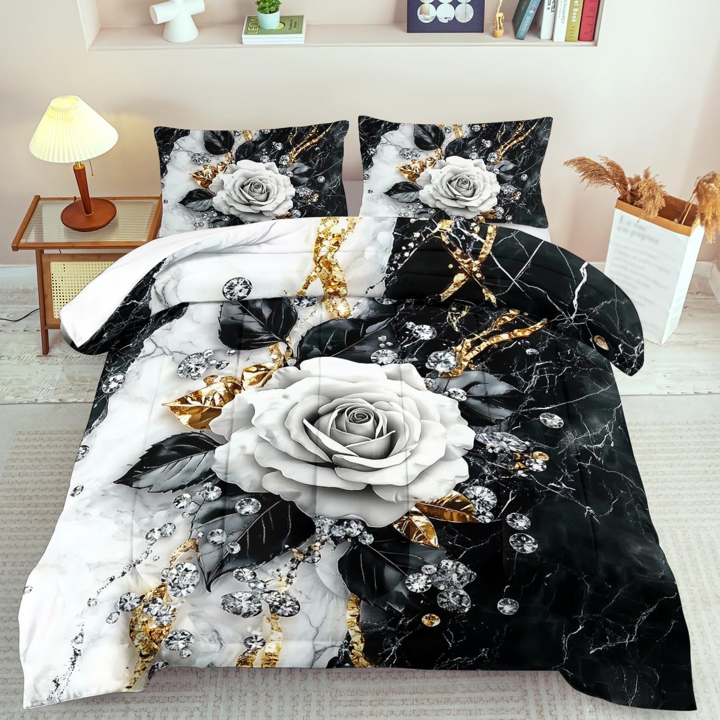 Marble Floral Comforter Set for King Bed Women,Vintage Flower Bedding Set King,White and Black Comforter Rose Quilt for Girls,Rose Bedding Floral Bedroom Decor Adults