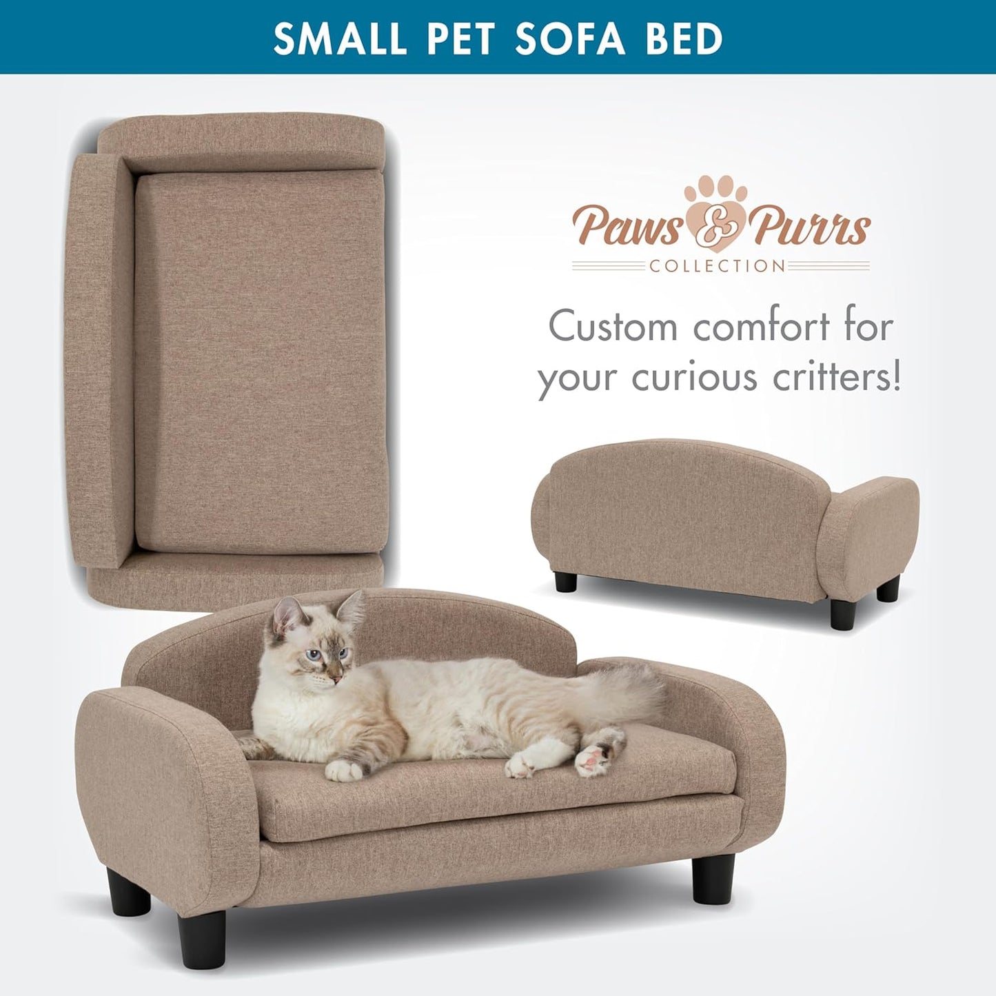 Paws & Purrs Cat Sofa Bed, Pet Couch for Indoor Cats Elevated Cat Beds with Removable Washable Mattress Cover for Kitten, Puppy or Small Animal- 31.5" Wide, Sand