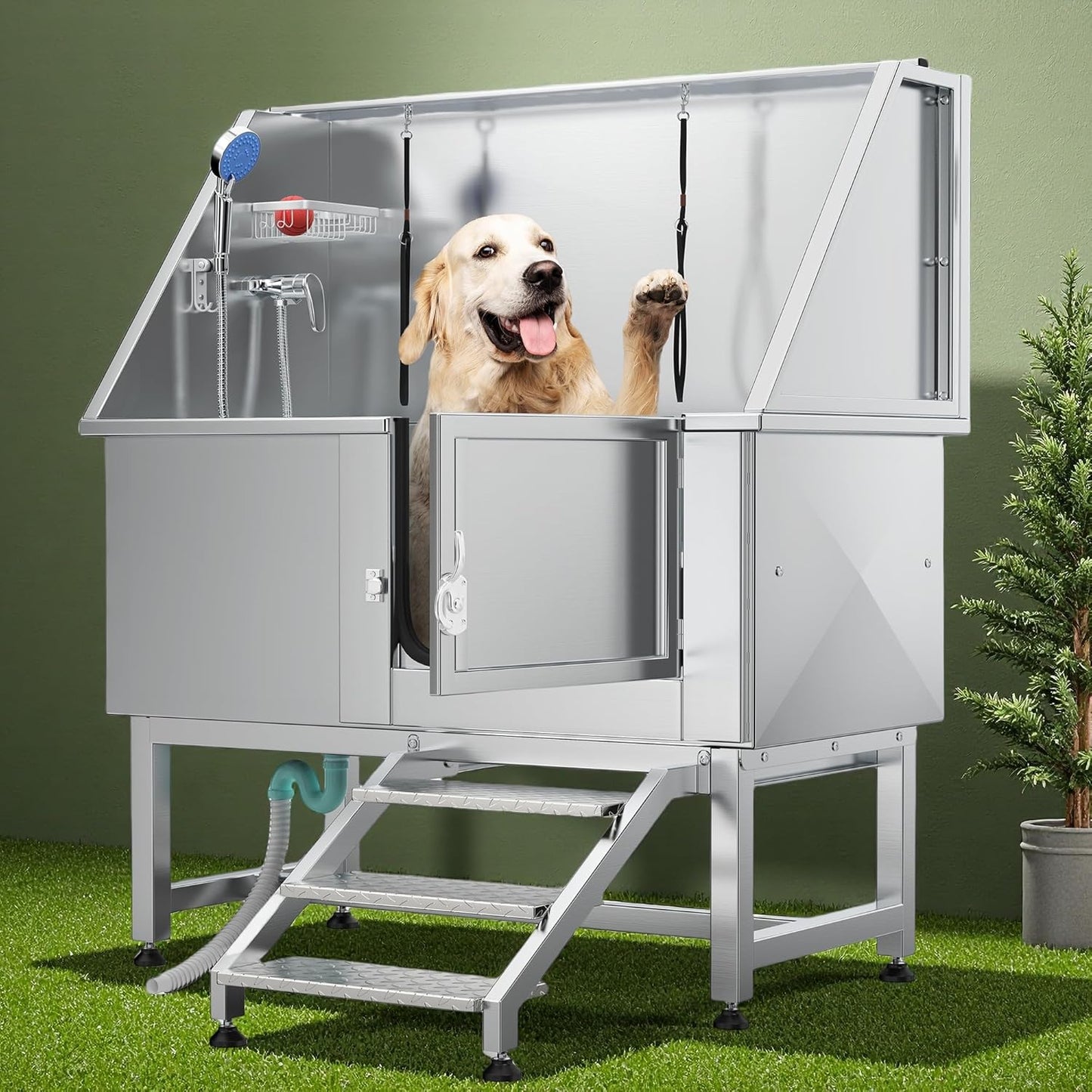 YITAHOME Professional Dog Bathtub 50in, Stainless Steel 304 Pet Grooming Station with Right Door & Floor Grate, Ideal for Large to Small Pets, Indoor & Outdoor Use