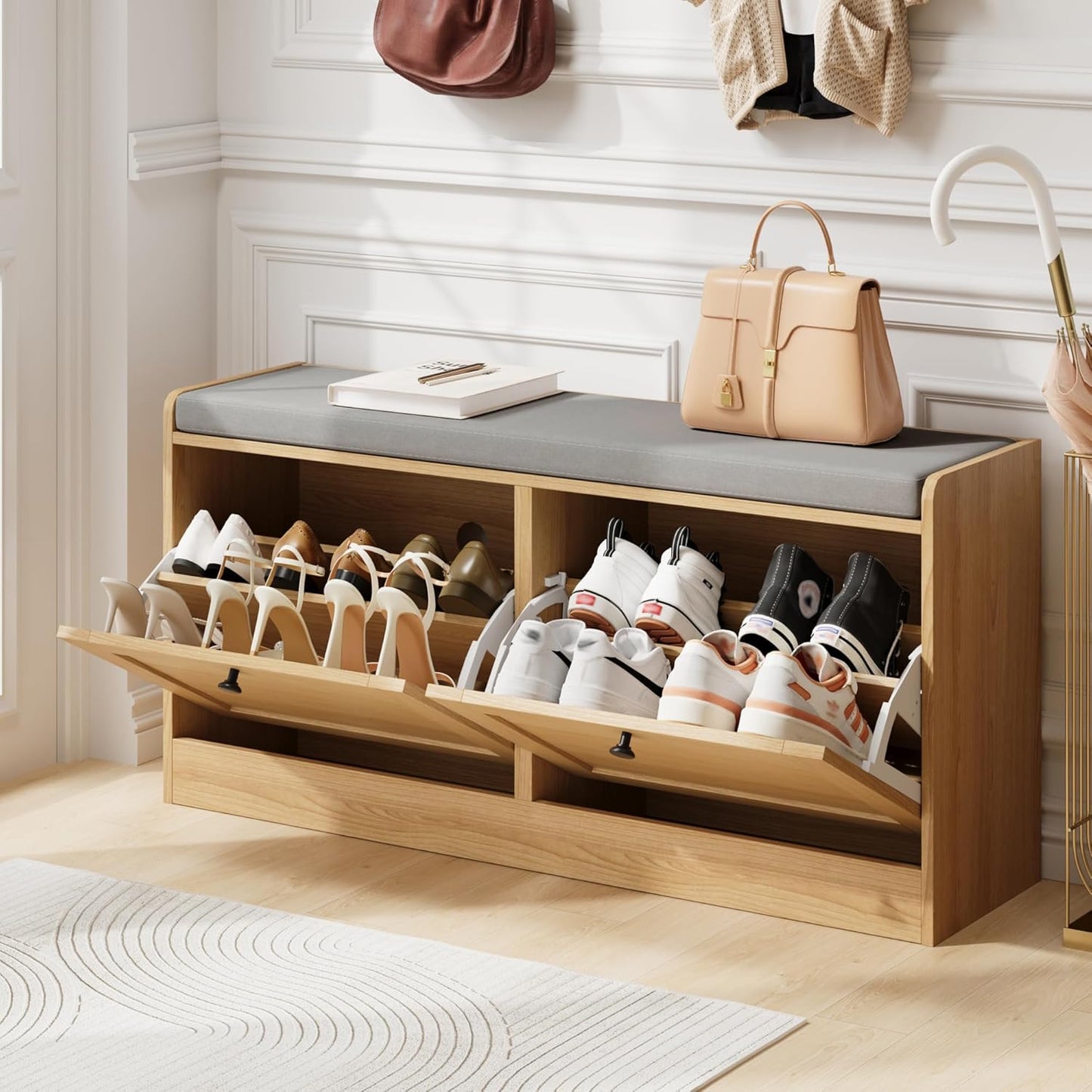 MHOM Oak Modern Entryway Bench with 2 Flip Drawers, Shoe Rack with Padded Seat Cushion, Wooden Storage Bench for Bedroom and Apartment