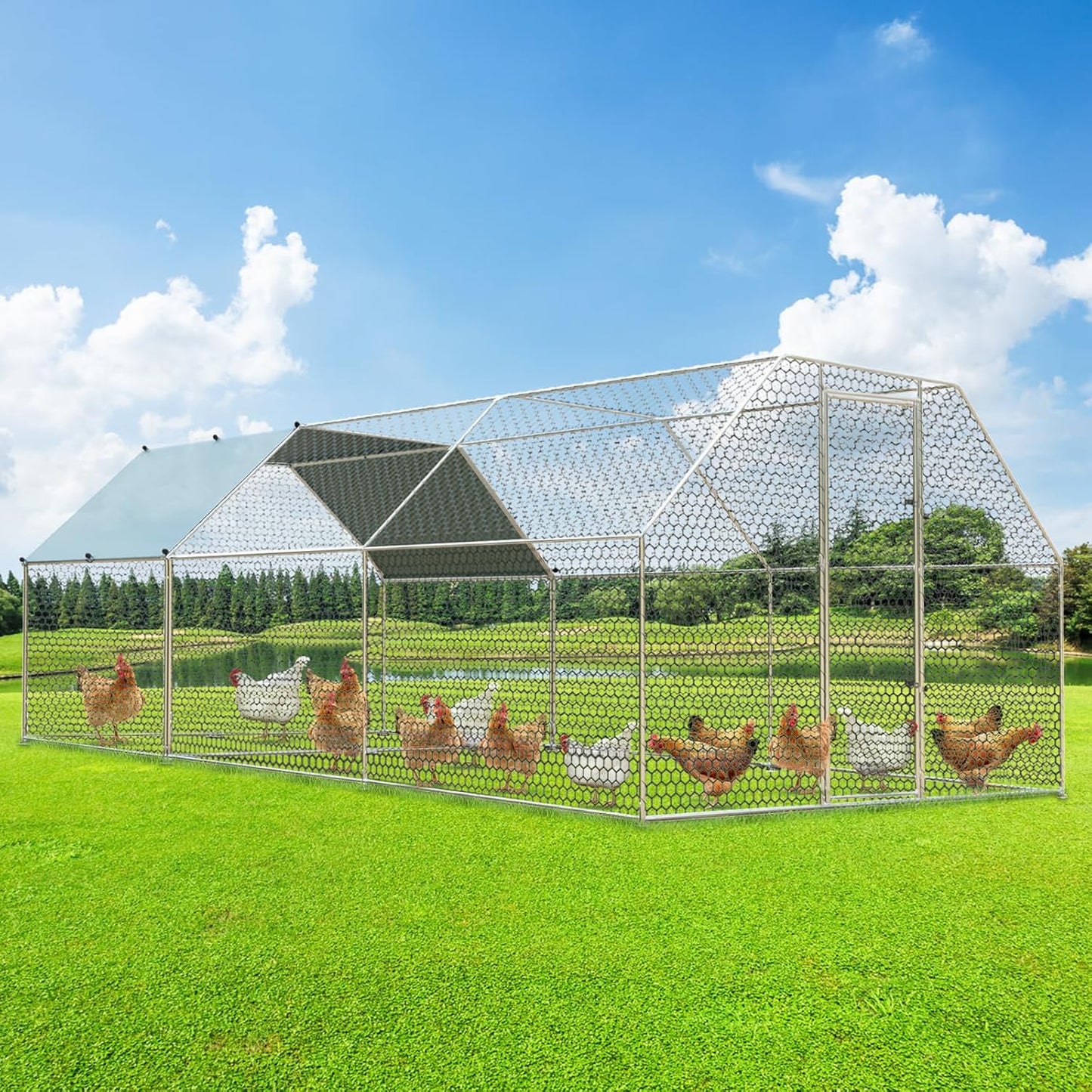 4ever2buy Large Metal Chicken Coop with Run Walk-in Poultry, Cage Chicken Runs House Pen Cage, Flat Roofed Chicken Coops with Anti-Ultraviolet Cover for Outdoor, Yard Farm, Use 9.2’Lx18.7’Wx6.4’H