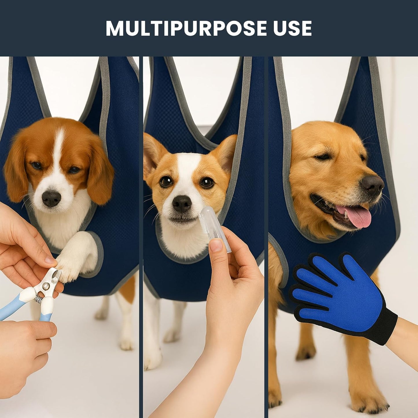 Grooming Hammock Kit for Dogs & Cats, Includes Hammock Harness, Nail Clippers, Nail File, Grooming Glove, Dematting Comb, S-Hooks, Carabiners & Storage Bag for Easy Home Grooming small (75Ć49) cm