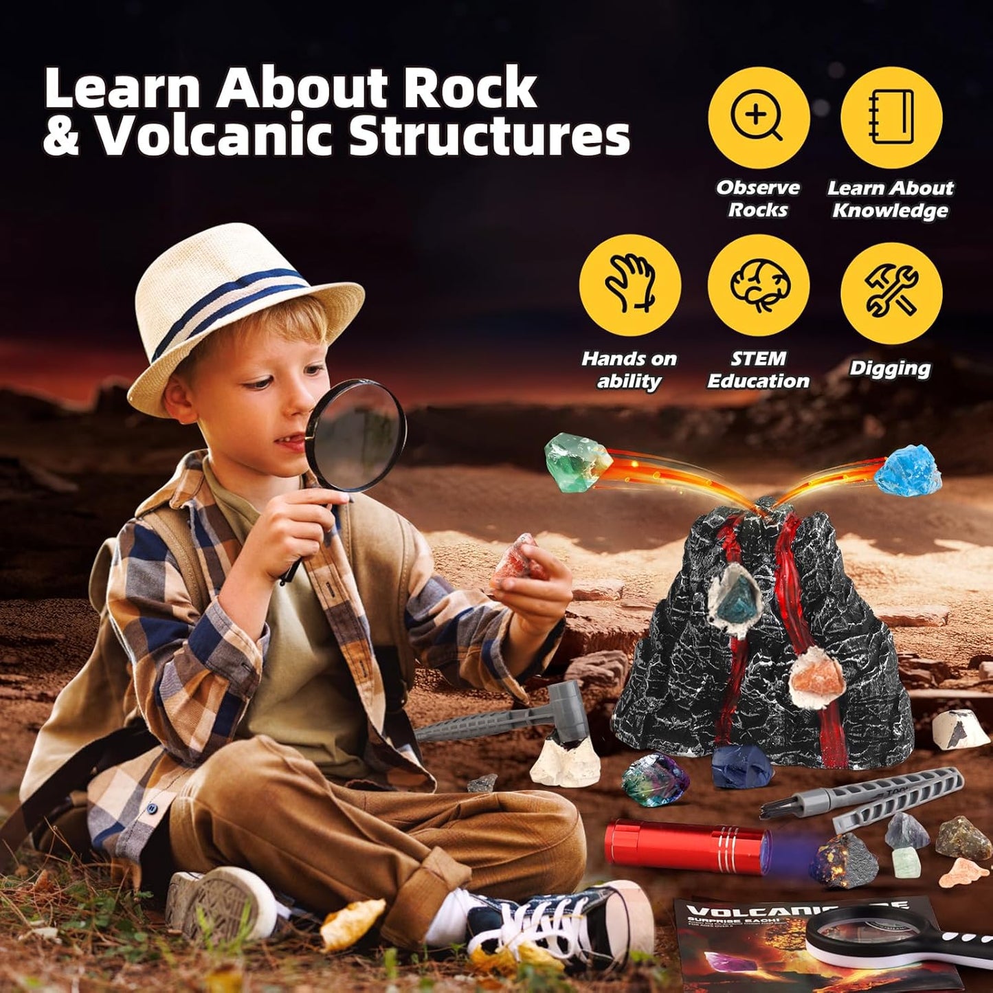 Volcano Dig Kit - 10 Rocks Excavation Kit, Gemstone Rocks for Kids, Fossil Volcano Toys Dig Kits for Rocks Collection, Volcano Toys for Boys Girls 6 and up Year Old Birthday Gifts
