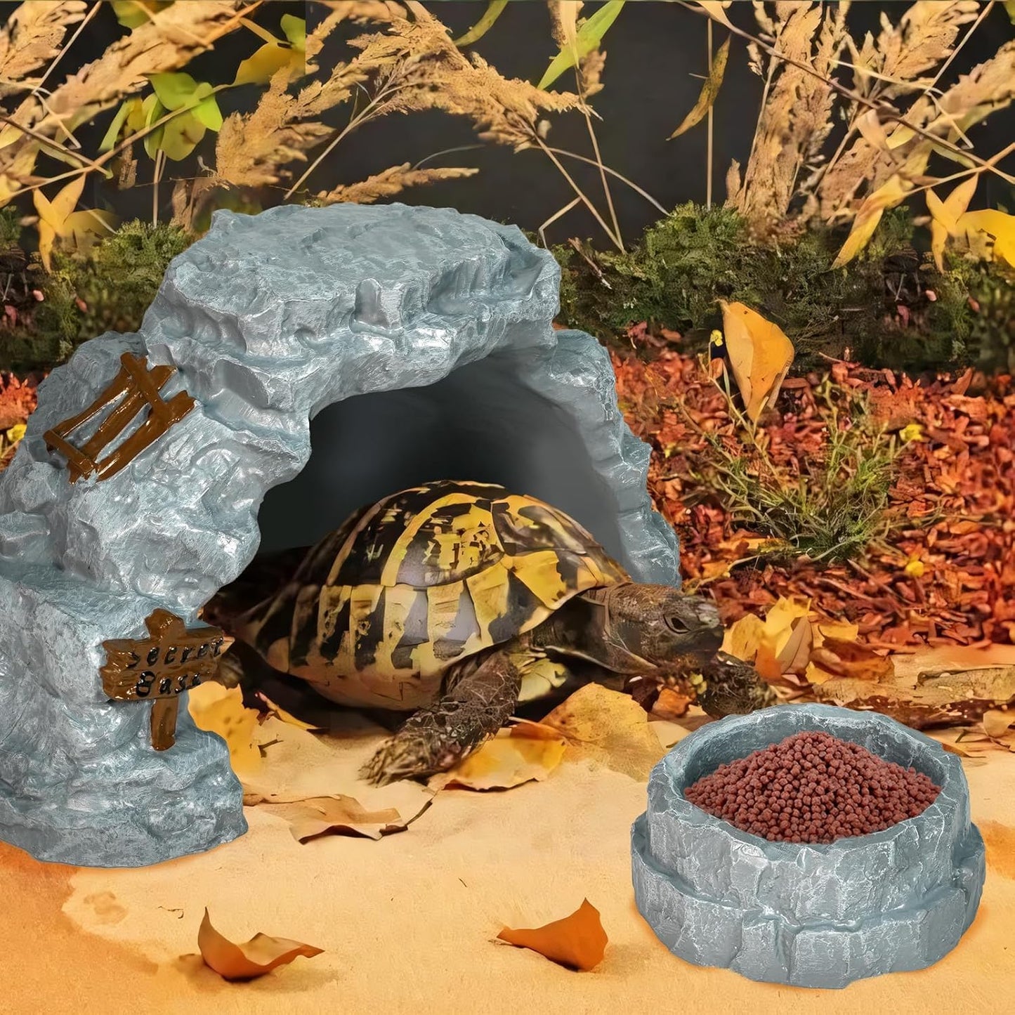 Warmtree Reptiles Hideout Cave,Bearded Gragon Hideout,Reptile Feeding Dish, Resin Reptile Hide Cave,Terrarium Habitat Decor Tank Accessories for Amphibians Tortoise Lizards Snakes Chameleon Fish