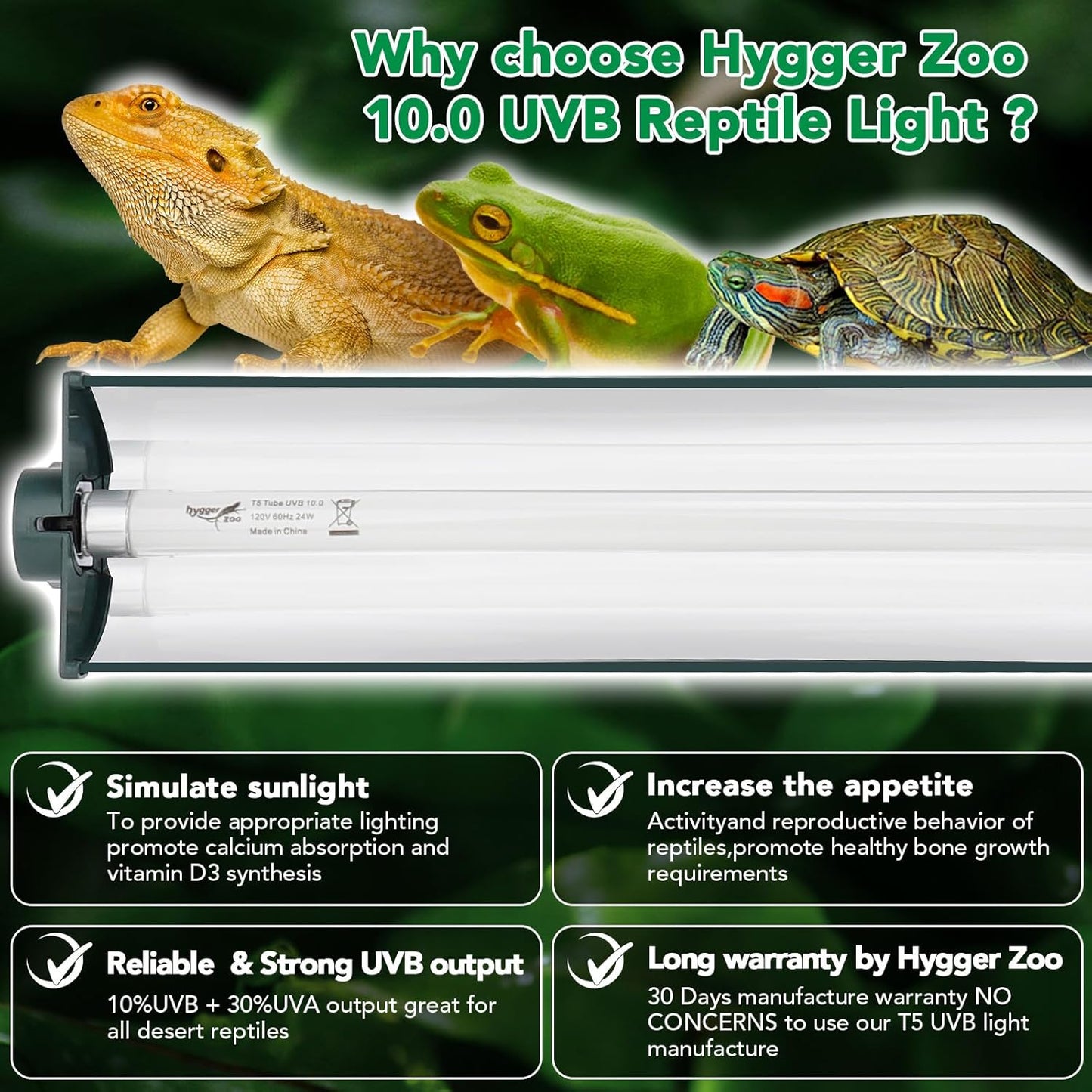 T5 Reptile Light Fixture Green Combo Kit 39W Light Fixture Reptile Terrarium Hood 10.0 UVB Light Bulb Fluorescent Tube Ideal for Tropical and Deserts Such as Bearded Dragon Lizards and Tortoises