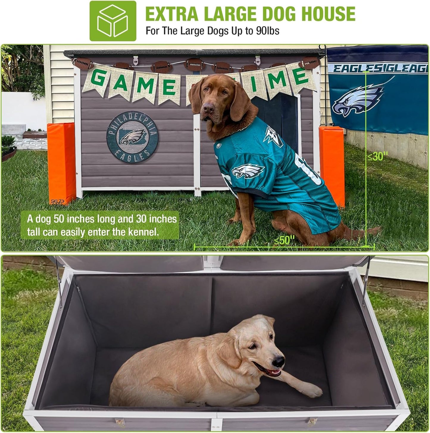 GUTINNEEN 59.1" Extra Large Dog House Outdoor Insulated for Winter with Durable Metal Fame, Grey