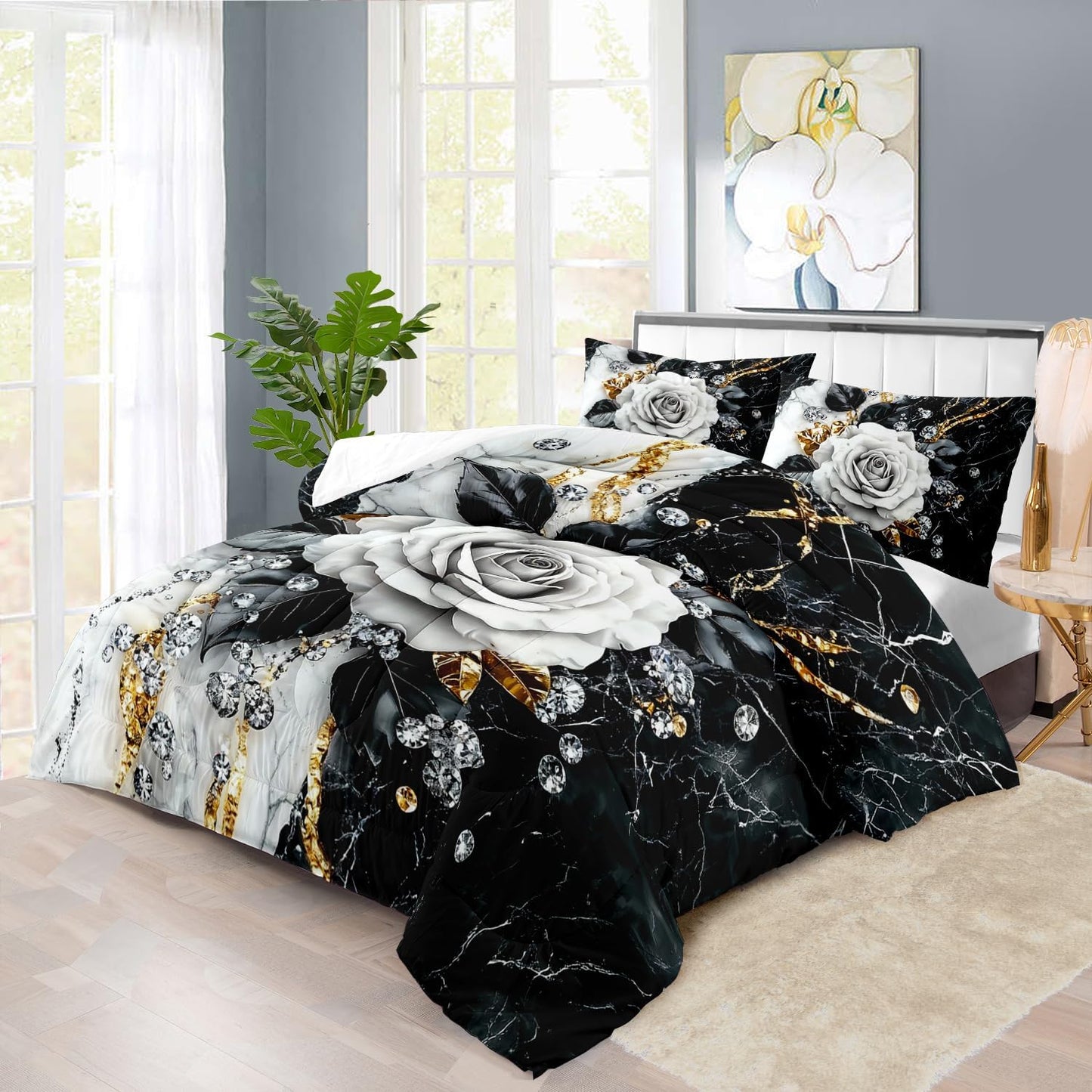Marble Floral Comforter Set for King Bed Women,Vintage Flower Bedding Set King,White and Black Comforter Rose Quilt for Girls,Rose Bedding Floral Bedroom Decor Adults
