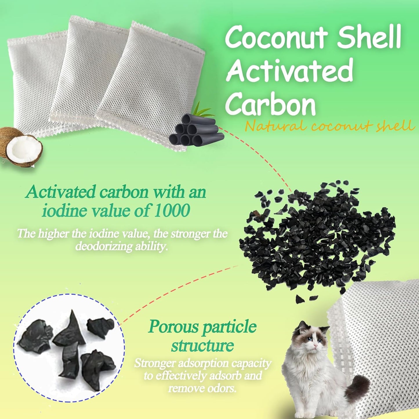 Activated Charcoal Odor Absorber Bags Compatible with OKSOTY Stainless Steel Cat Litter Box, Natural Coconut shell Charcoal Bags, Absorb Odors/Control Damp from Pets/Keep Home Fresh(6PCS)