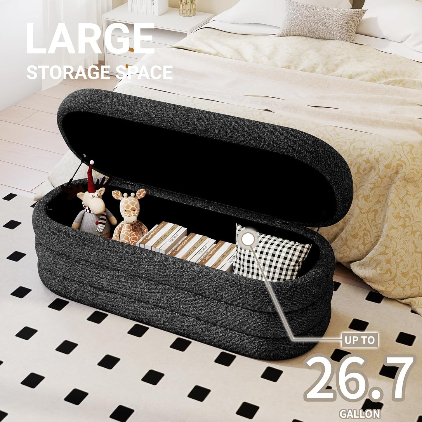 Storage Ottoman Bench 49.2 Inch Upholstered Fabric Storage Bench for Bedroom End of Bed Aesthetic Large Oval Ottoman for Living Room Entryway (Black)
