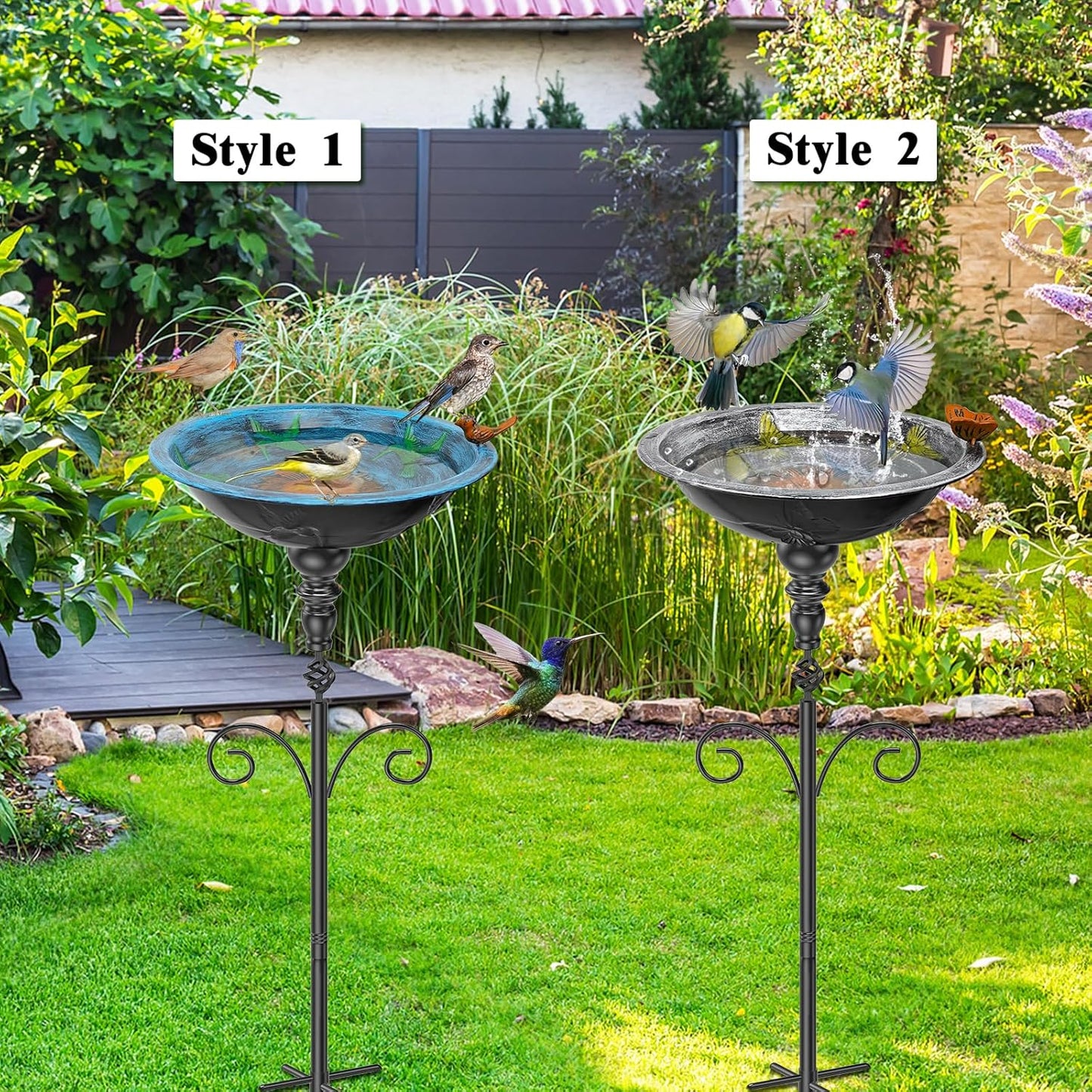 35In Bird Bath for Outside, Vintage Metal Birdbaths & Birdfeeder with 5 Prong Bases for Outdoors, Freestanding Bird Feeder Bowl with for Garden Yard Lawn Decor (Vintage Silver)