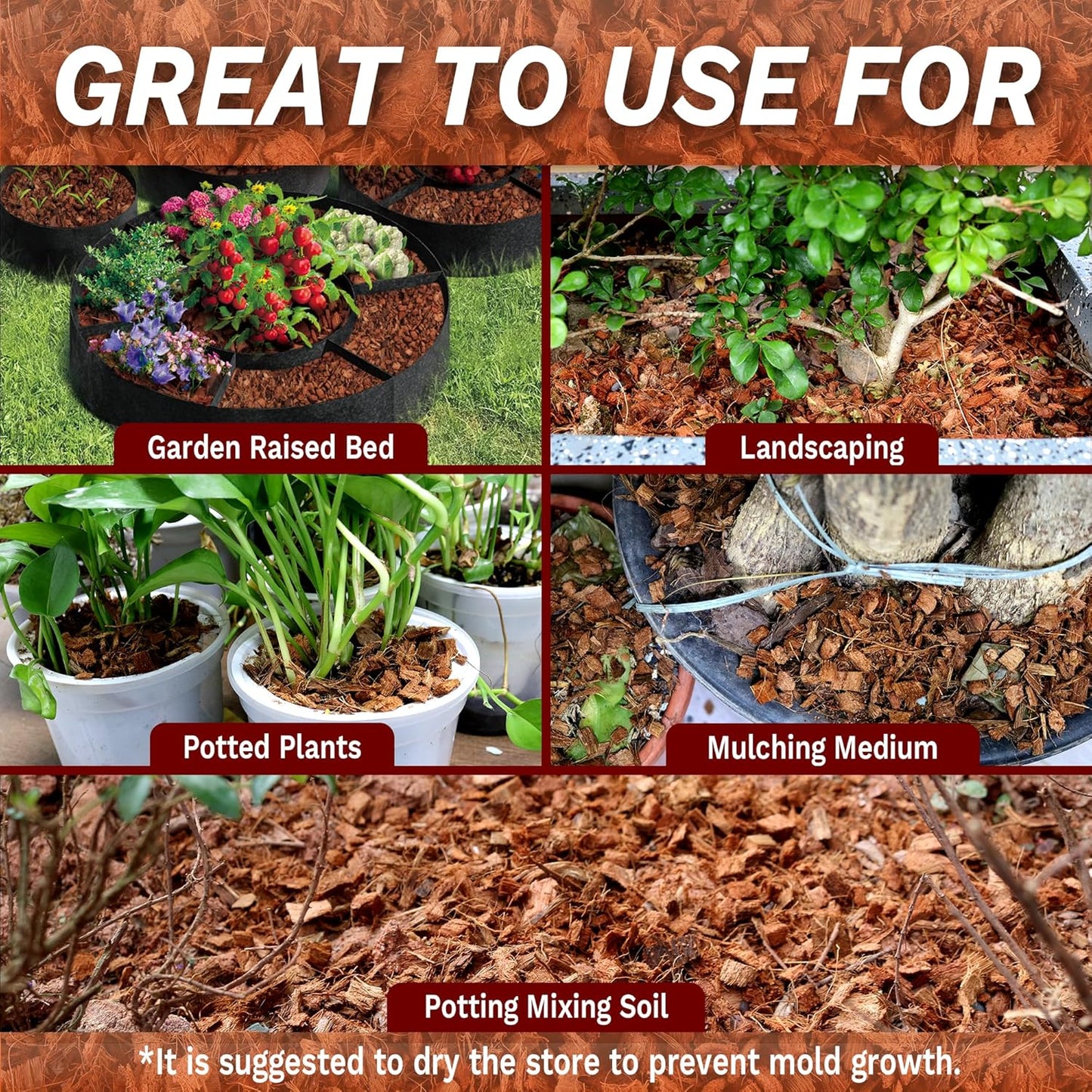 3 Pack Cocount Husk Chips-3.3LB Organic Coco Chips with Low EC & PH Balanced, High Expansion Coconut Substrate Coco Husk Mulch for Garden Flowers, Planting, Reptile, Indoor & Outdoor