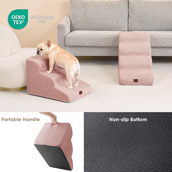 EHEYCIGA Curved Dog Stairs Ramp for High Beds 19.7" H, 4-Step Dog Steps for Small Dogs and Cats, Pet Stairs for High Bed Climbing, Non-Slip Balanced Pet Step Indoor, Dusty Pink