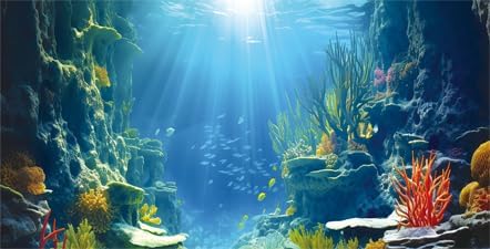 36X18IN Blue Sea Floor Aquarium Background, Natural Underwater World 3D Effect Fish Tank Decorations Background, Art Terrarium Background with 8 EVA Double-Sided Tape