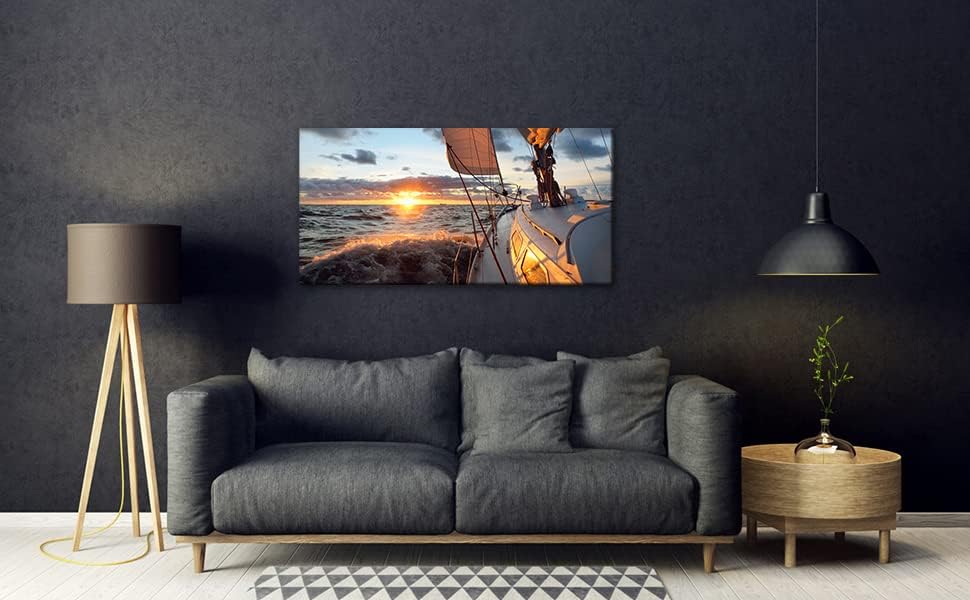 Yacht Sailing in Sea at Sunset Scenery Canvas Wall Art for Living Room Bathroom,Close-up View of Deck Mast Sails Picture Print Artwork Painting Decor,Epic Seascape Scenic Landscape,Inner Frame 24x48