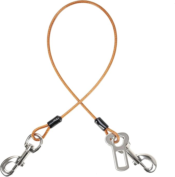 Dog Seat Belt Harness for Car,Dog Seatbelt of Coated Wire Leash Safety Restraint,No Chew Tether Cable Vehicle Dogs Accessories,Double Clips & Latch (Orange, 16 inch/40 CM)