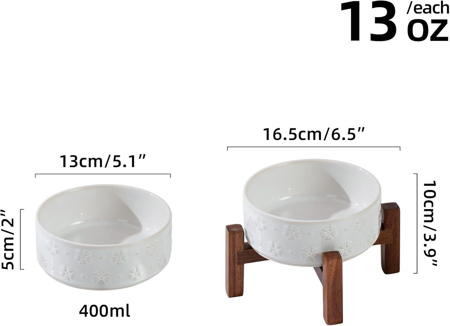 Ceramic 5.1inch Raised Dog and Cat Bowl Set, 2 Heights Elevated Wooden Stand for Puppy, Kitty, Cats, Weighted Pet Food and Water Dishes(5.1'',13.5oz, Arctic White)