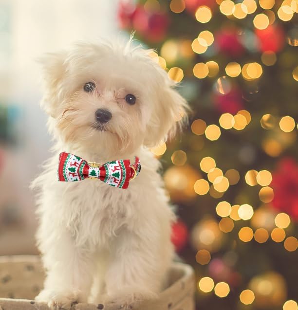 Unique Style Paws Christmas Day Dog Collar with Bow Christmas Tree Cotton Puppy Collars for Small Medium Large Dogs