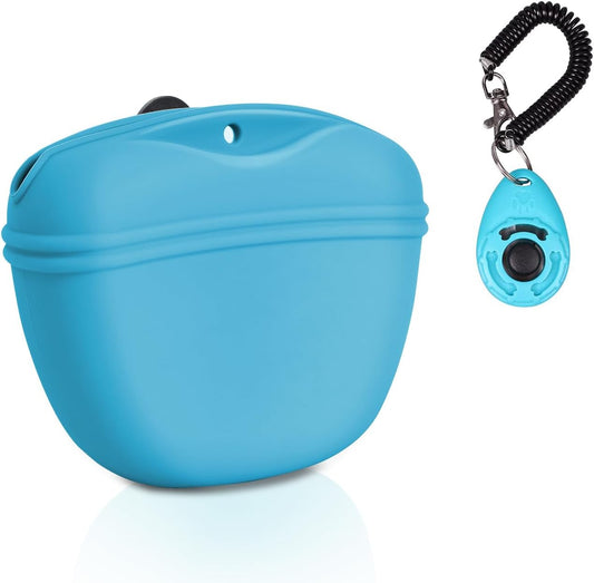 Left&Right Dog Clicker Training Kit,Silicone Dog Training Treat Pouch and Dog Clickers,Dog Treat Bag with Clicker Training for Dogs,Pet Treat Bag with Magnetic Buckle Closing and Waist Clip,Sky Blue