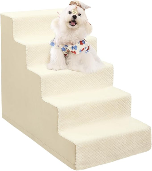 Dog Stairs for Small Dogs,22" H,5-Step Dog Steps for High Bed Couch and Sofa,Pet Stairs for Dogs and Cats Climbing with Non-Slip Bottom and Washable Cover,Beige