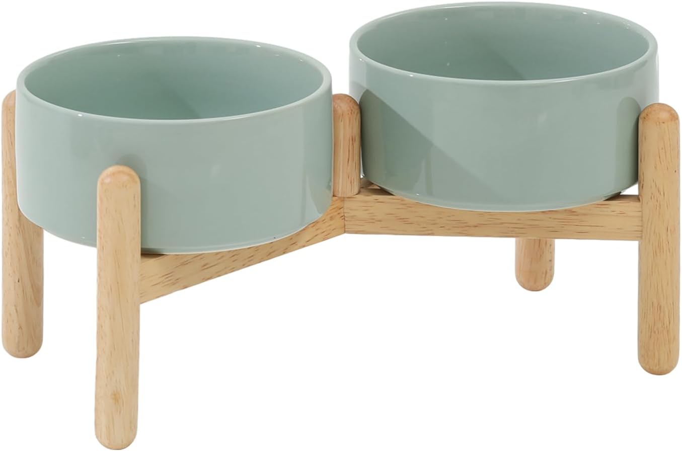Ceramic 6.1inch Raised Dog Bowl with Stand for Small and Medium Breed Dog Dish Pet Food and Water Bowl (Double Bowl with Stand - Light Green, 28oz)