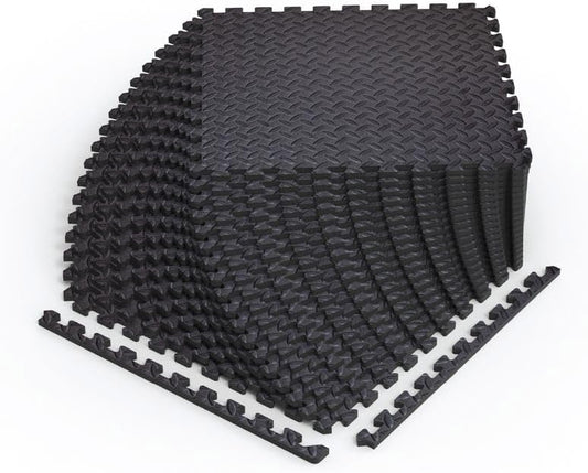 Norsk Foam Floor Gym Mats with Interlocking Tiles, .47" Thick, 24"x24", 42-Pack, 168 Square Feet, Diamond Plate Design, Black
