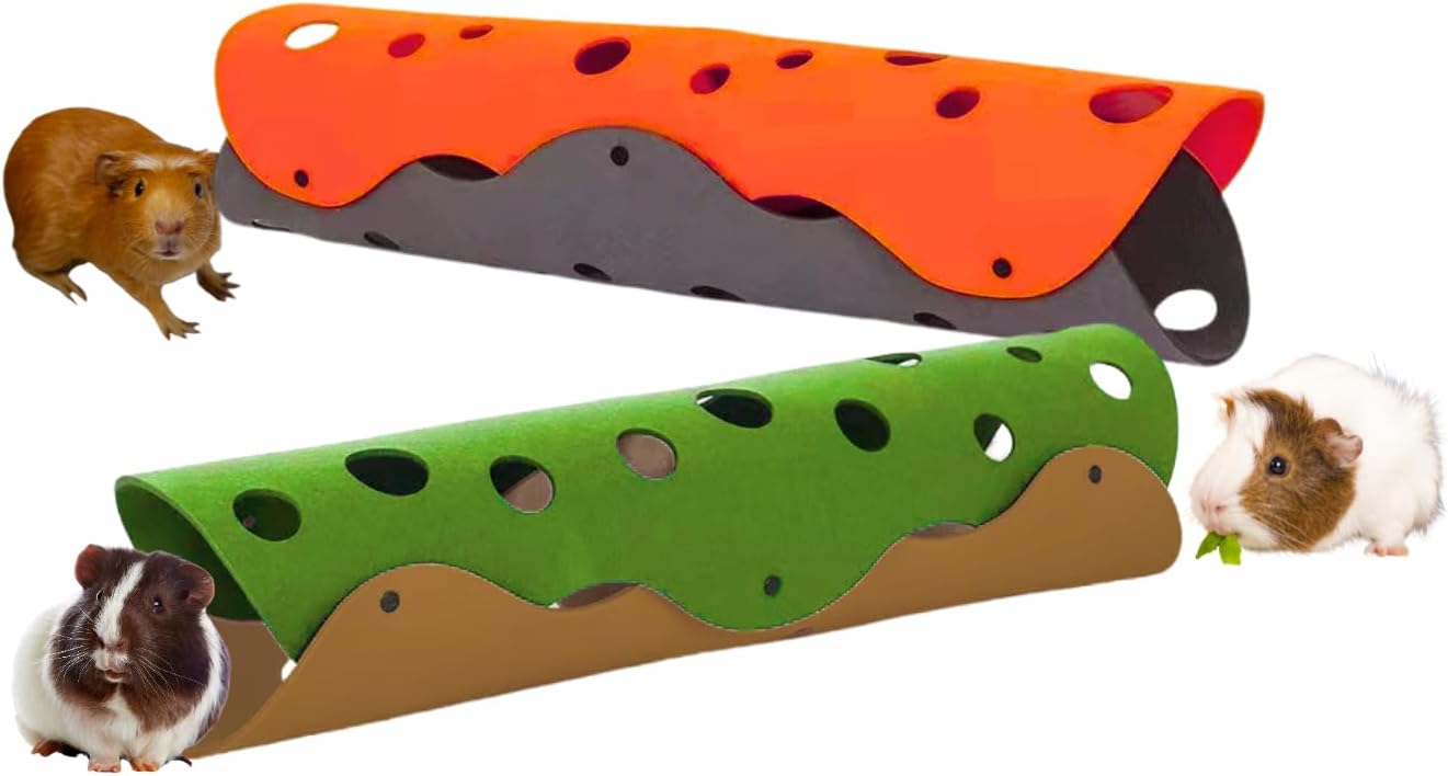 Guinea Pig Tunnels, Foldable Fleece Hideout Beds with Cheese-Hole Design, 2 Pack Modular Tunnel Set for Play and Rest, Brings Comfort and Enrichment to Guinea Pig Cages-Green&Grey