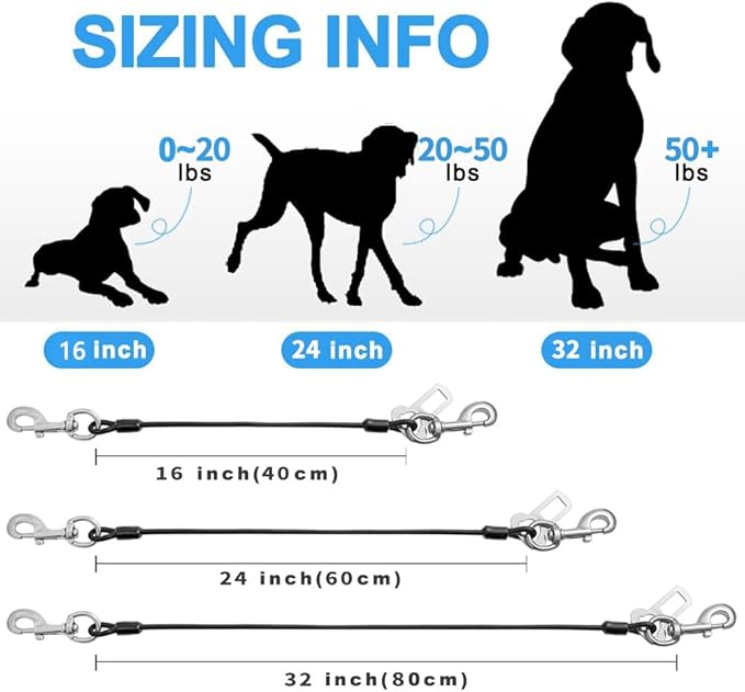 Dog Seat Belt Harness for Car,2pcs Dog Seatbelt of Coated Wire Leash Safety Restraint,No Chew Tether Cable Vehicle Dogs Accessories,Double Clips & Latch (2 Pack Black, 32 inch/80 CM)