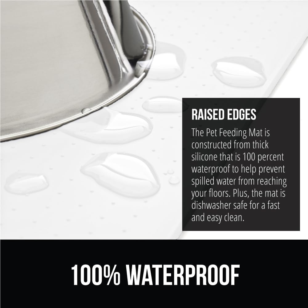 GORILLA GRIP 100% Waterproof Raised Edge BPA Free Silicone Pet Feeding Mat, Dog Cat Food Mats Contain Spills Protects Floors, Placemats for Cats and Dogs Water Bowl, Pets Accessories 16x10, White