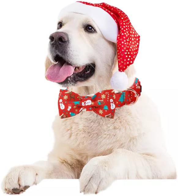 Lionet Paws Christmas Dog Collar with Bowtie, Dog Bowtie Collar with Metal Buckle for Dogs and Cats, Adjustable Comfortable Dog Collar Girl Boy Gift, S, Neck 10-16 in