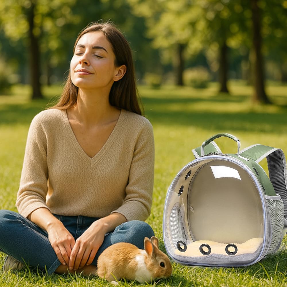 Bunny Carrier, Guinea Pig Carrier,Small Animal Carrier Backpack for Rabbit,Bearded Dragon, Lizard,Hamster,Kitten. Breathable Pet Travel Cage Bag (Army Green)