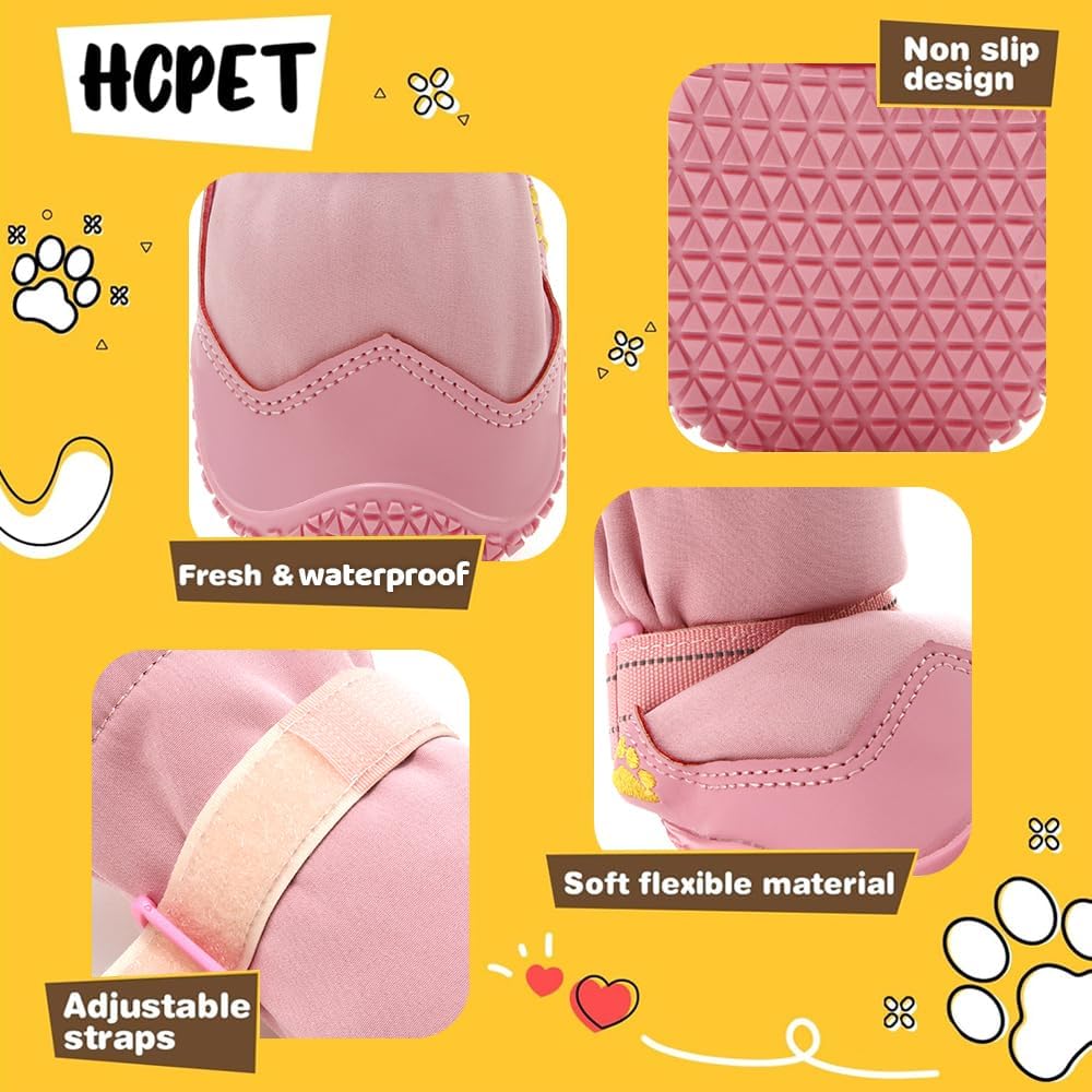 Hcpet Dog Shoes, Dog Boots & Paw Protectors for Winter Snowy Days, Rainy Weather, Outdoor Anti-Slip Sole Dog Booties for Hardwood Floor Pink-Leg 5